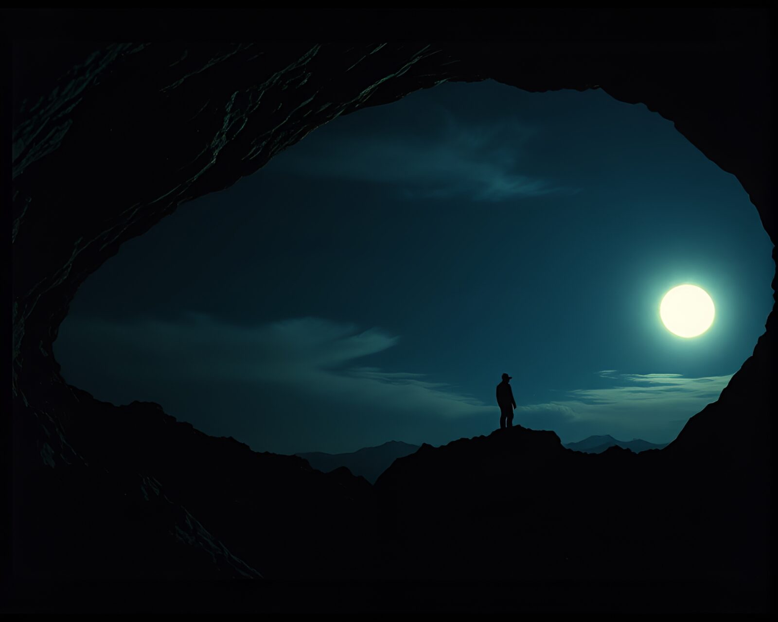 Ancient cave art illuminated by moonlight and film sprockets