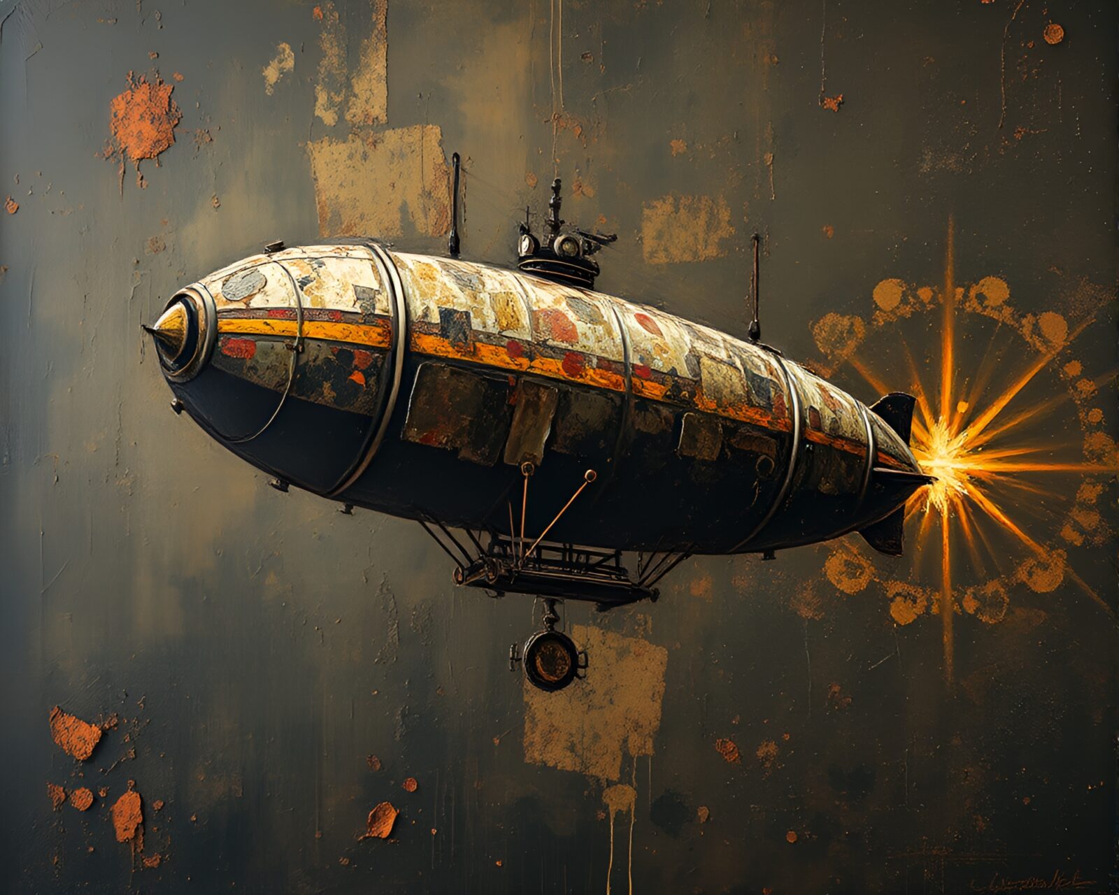 High-contrast oil painting of a rusty steampunk airship in the sky