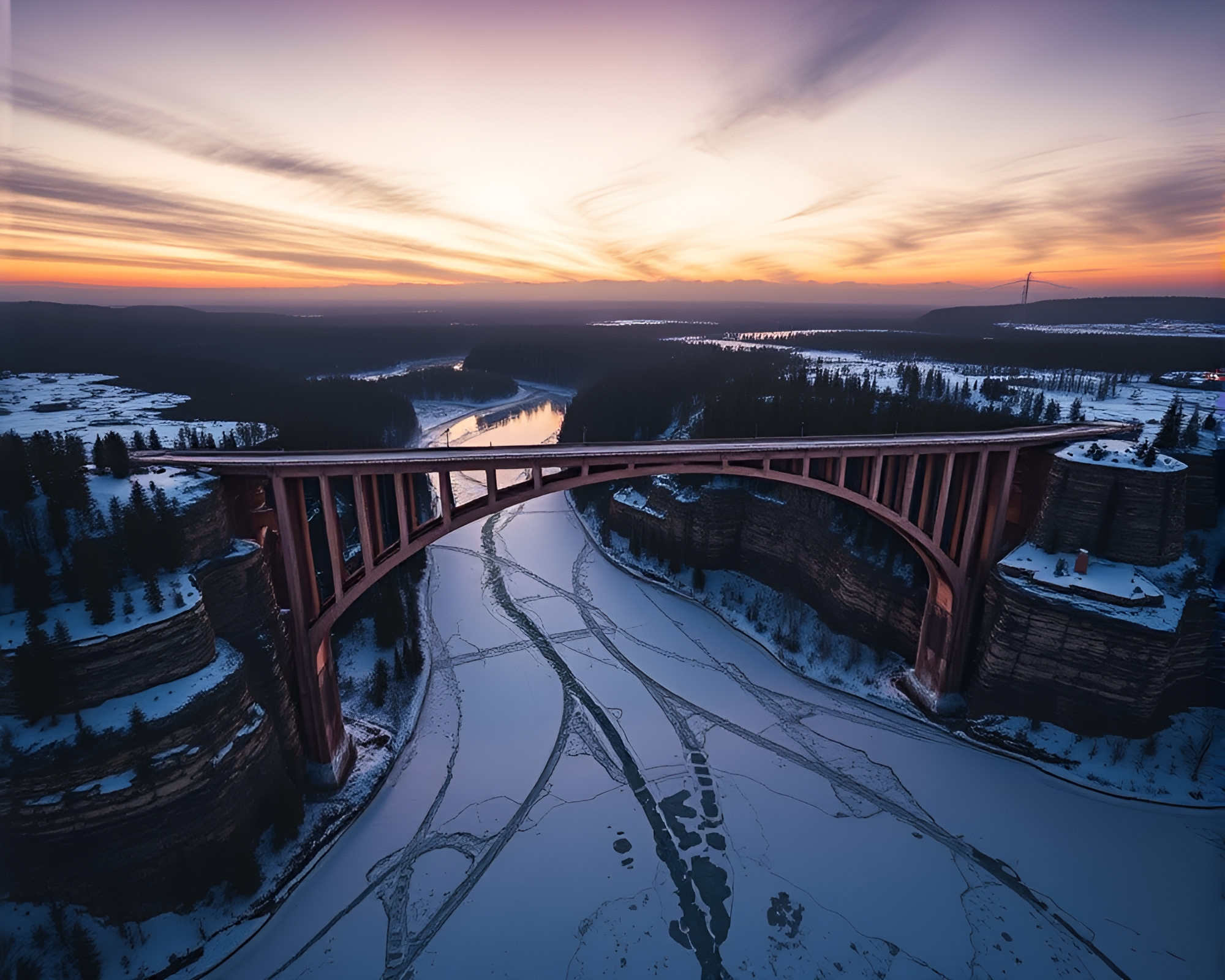 Twilight Arch Bridge Aerial View – free AI stock image