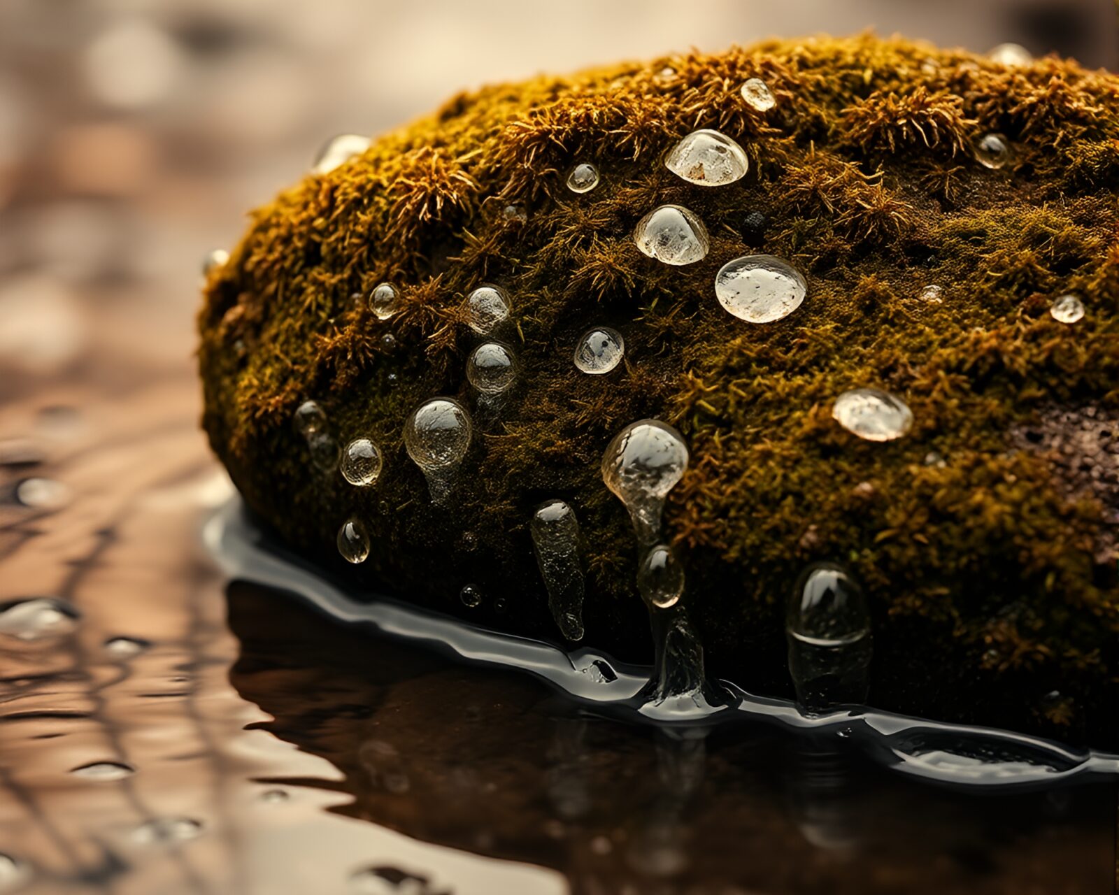 A serene sepia-toned scene of water droplets on mossy rock