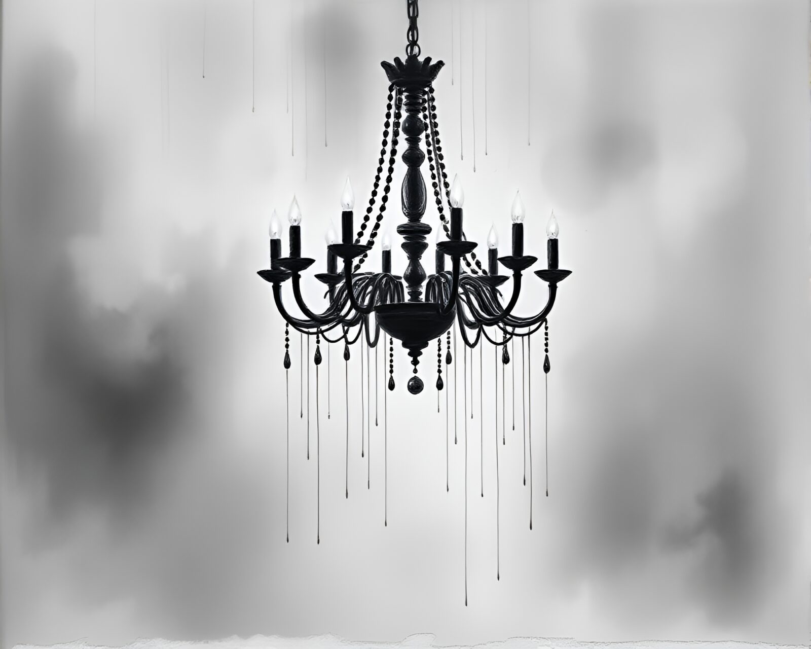 Mysterious chandelier in fog with dripping charcoal paint sketch