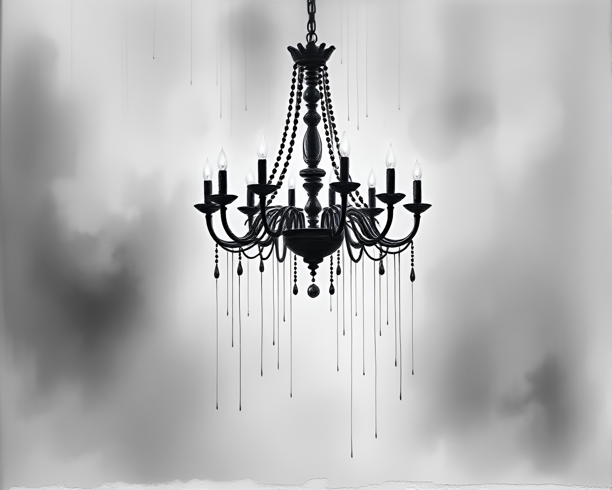 Chandelier amidst ethereal fog with dripping charcoal paint – free AI stock image