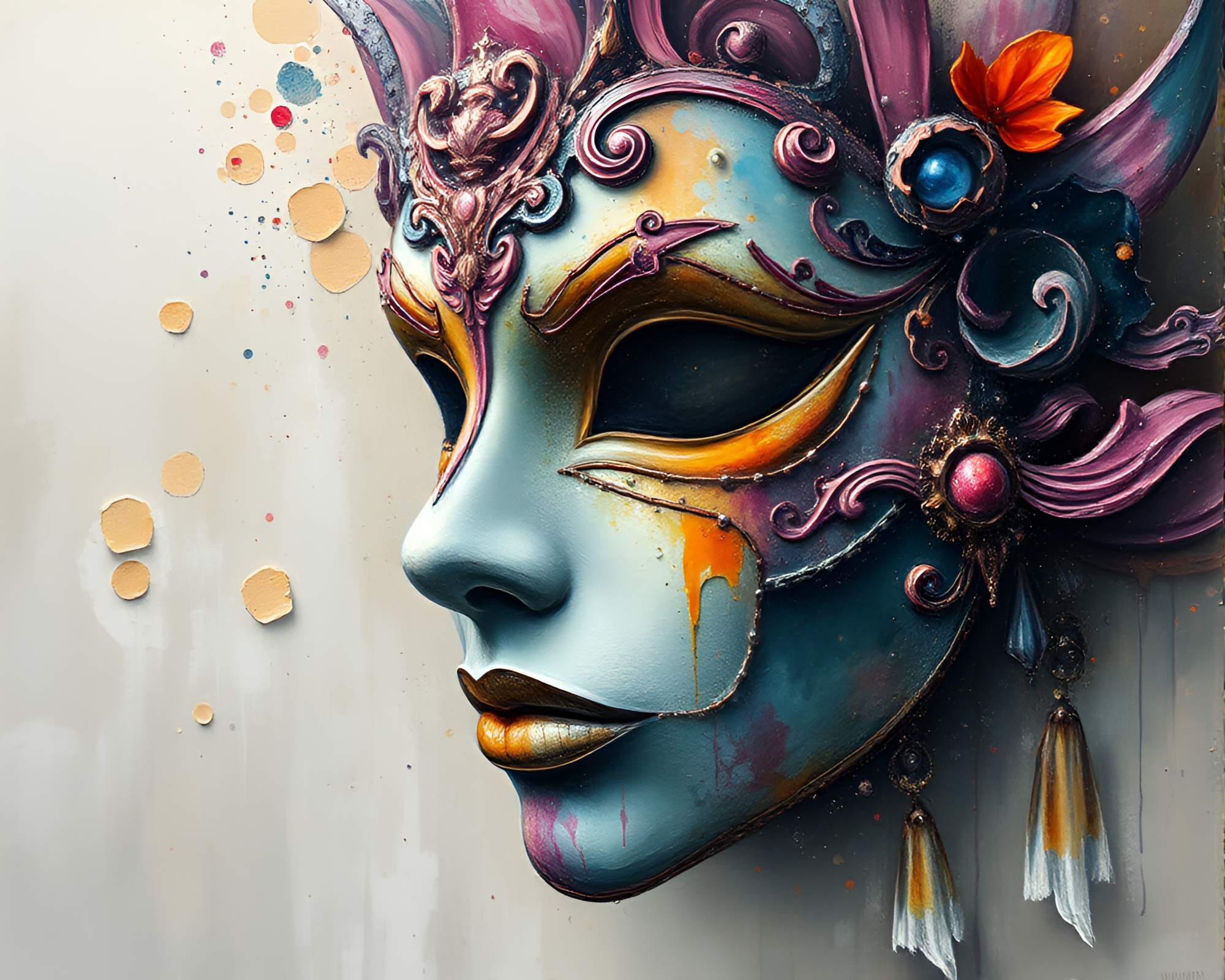 Venetian Mask in Acrylic Spatters and Misty Egg Tempera – free AI stock image