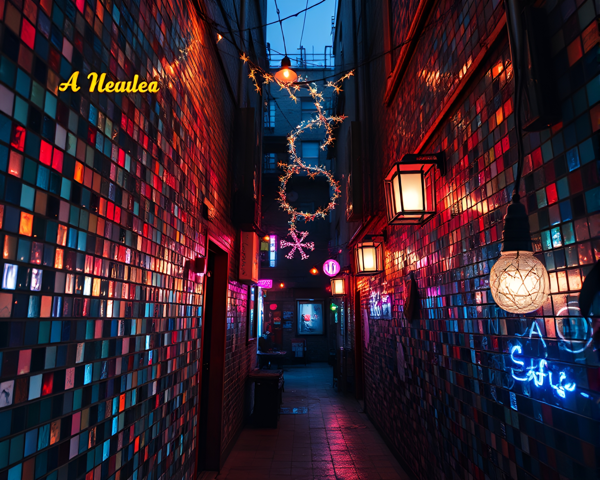 Neon Cyber Alley: Mystical Calligraphy Mosaic – free AI stock image