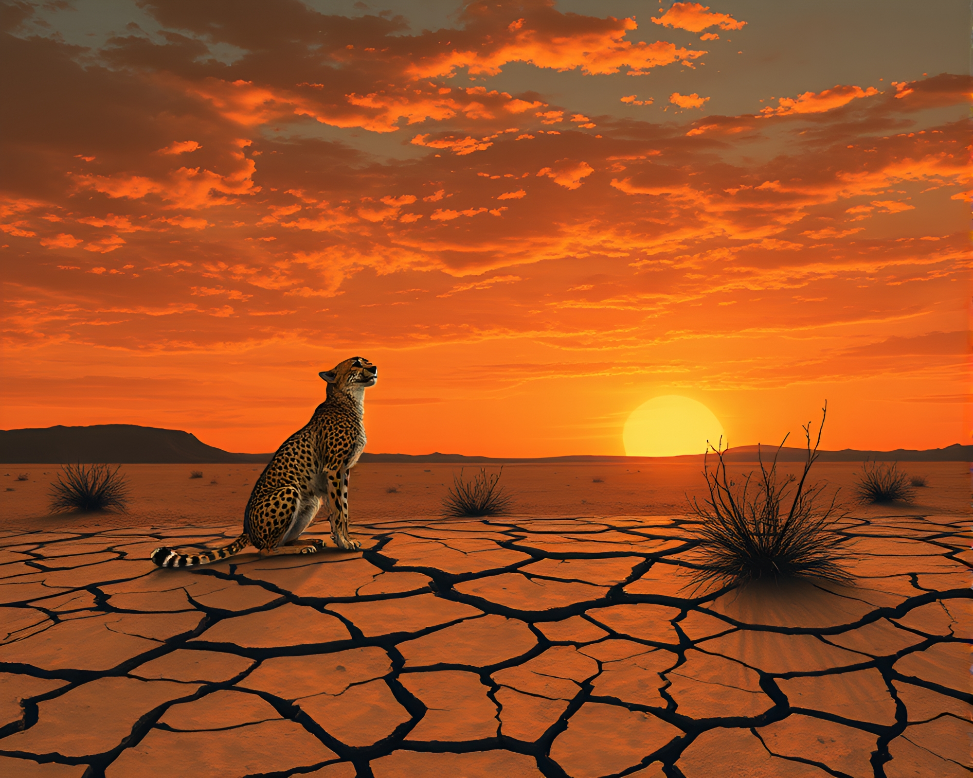 Majestic Cheetah Roaming Through Arid Cracked Earth – free AI stock image