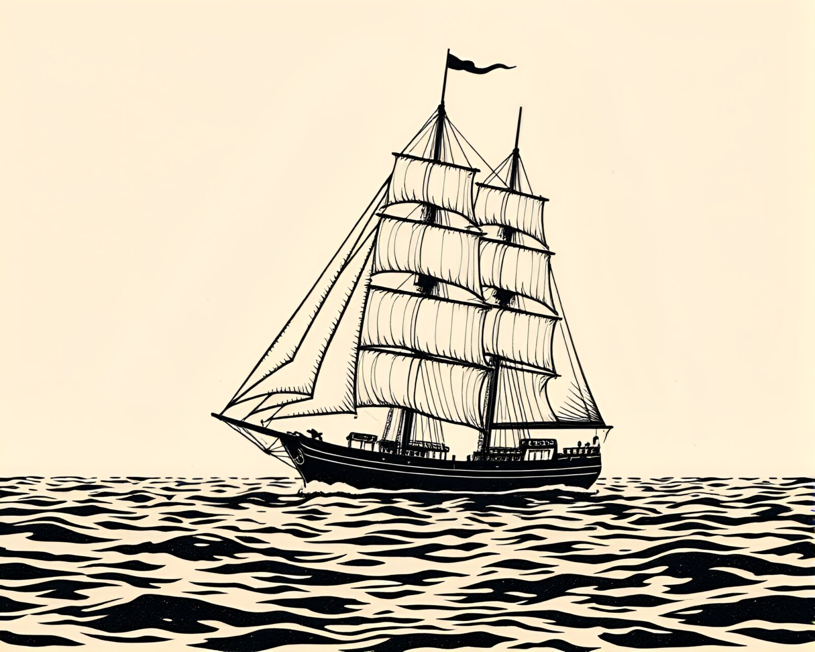 Intricate linocut print of a majestic sailing ship in rose gold hues