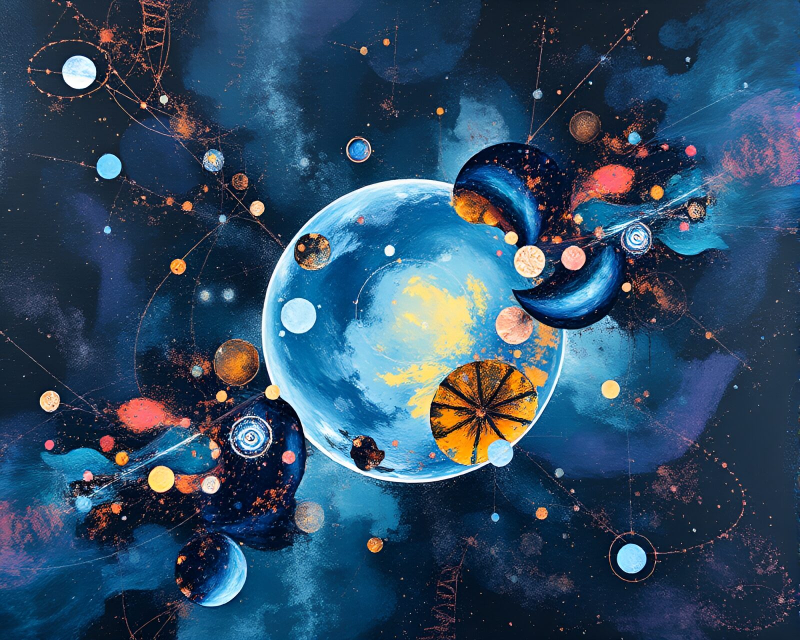 Surrealistic painting of cybernetic hand against planetary backdrop