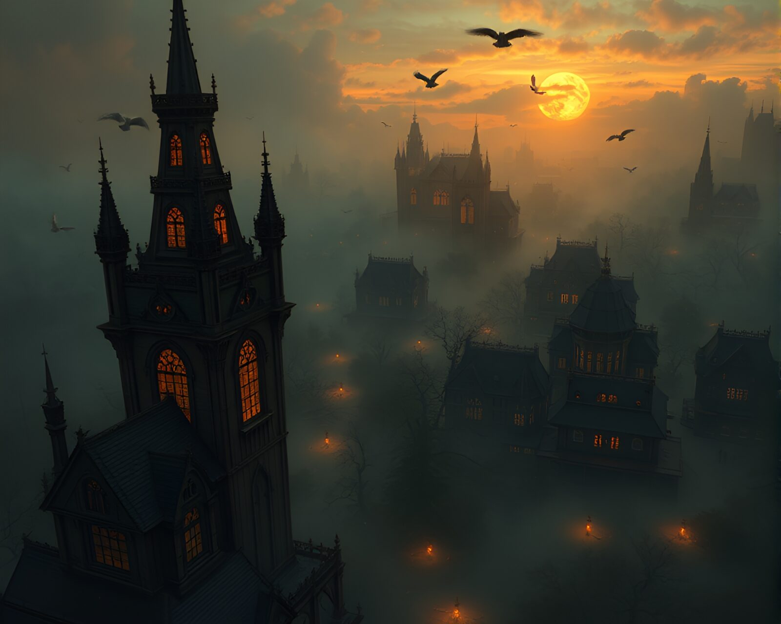 Digital painting of haunted castle aglow in golden hour light