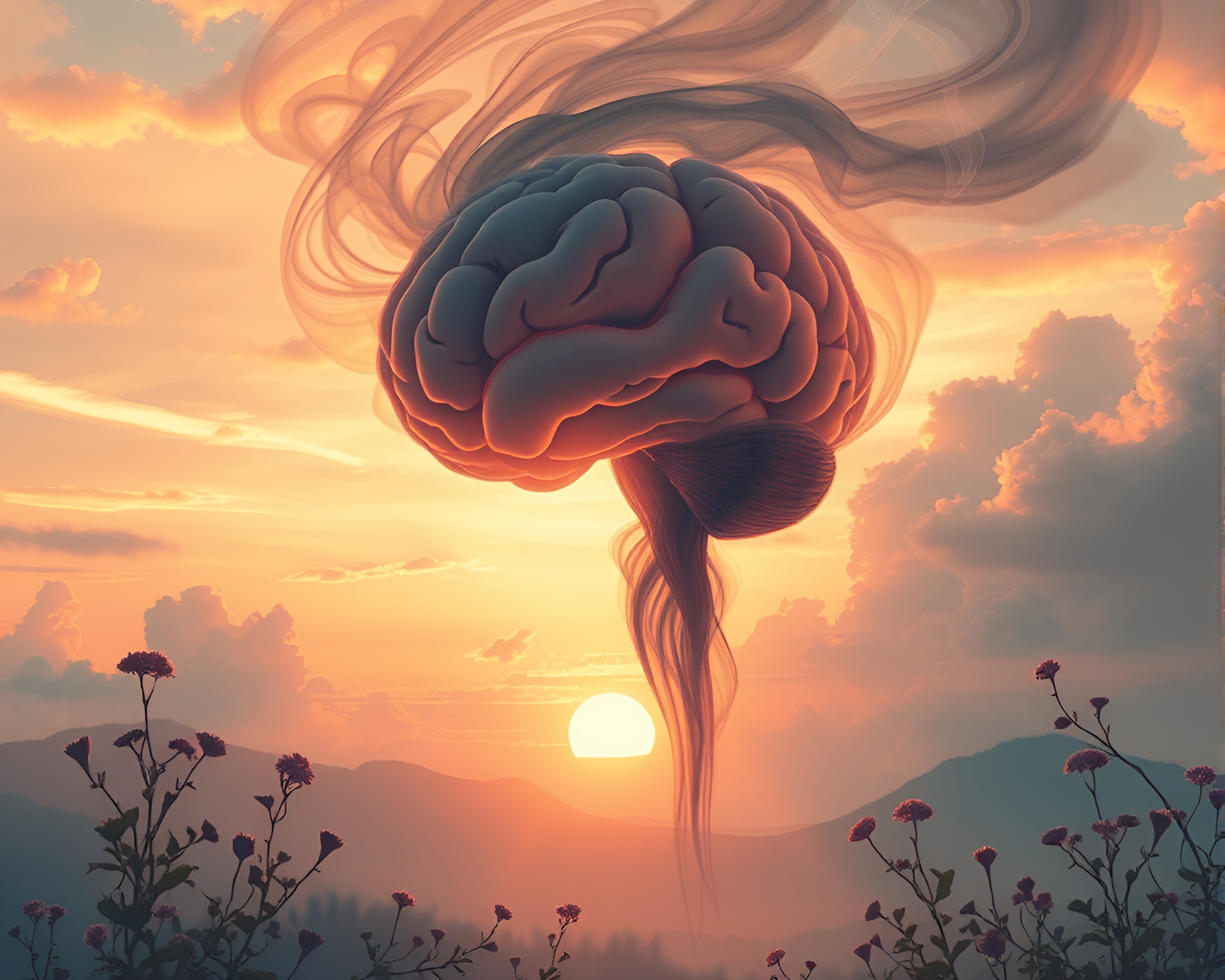 AI Brain in Sunrise Botanical Illustration with Smoke Plume – free AI stock image
