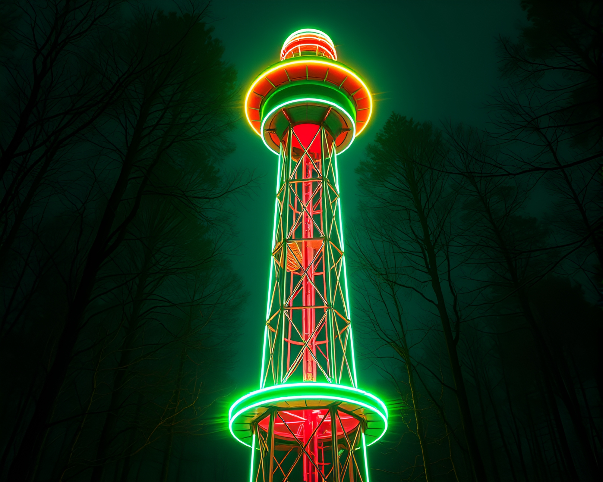 Enchanted Forest Tower with Neon Tubing Lights – free AI stock image