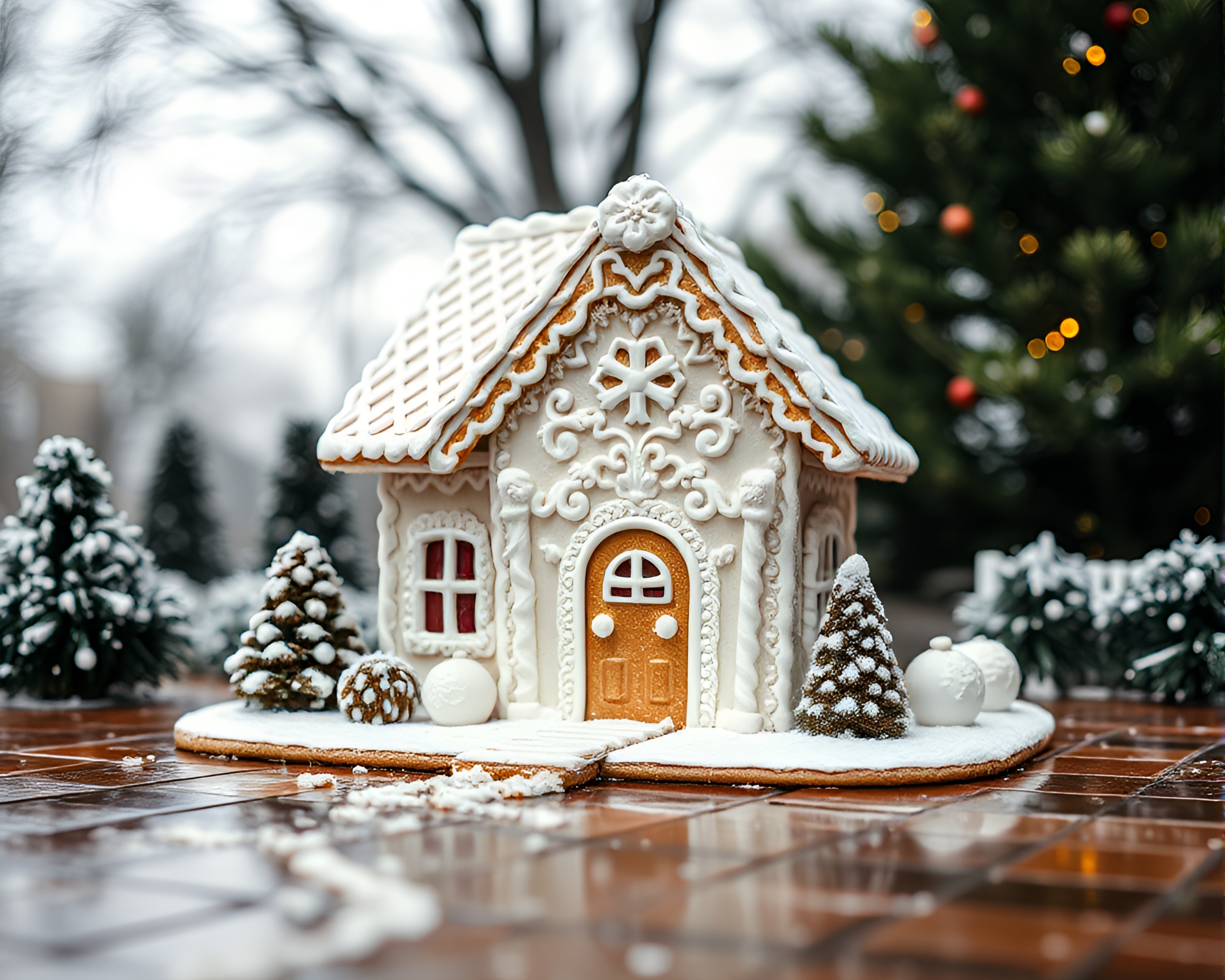 Gingerbread House Reflection on Wet Pavement – free AI stock image