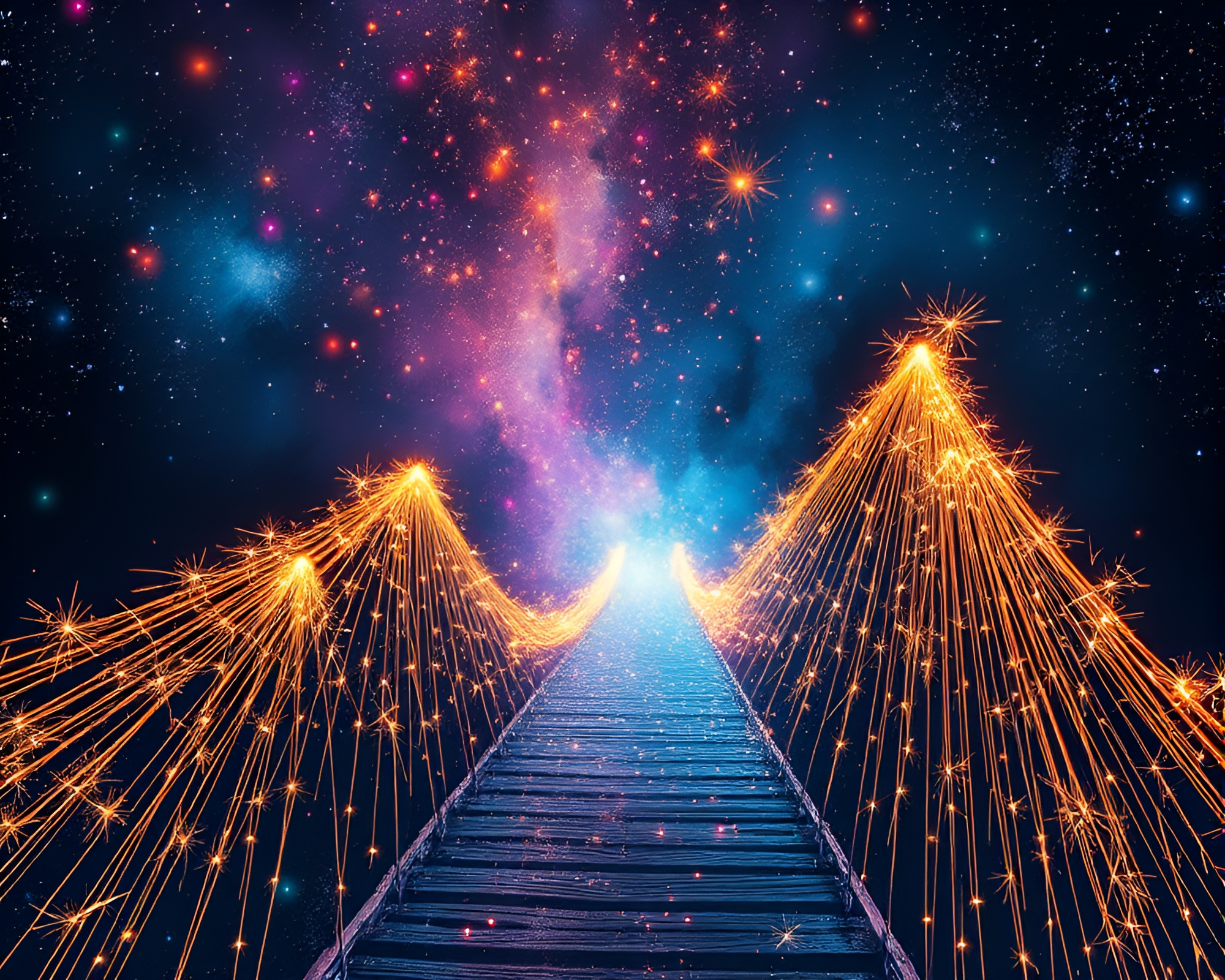 Sapphire Sparkler Trails on Suspension Bridge – free AI stock image