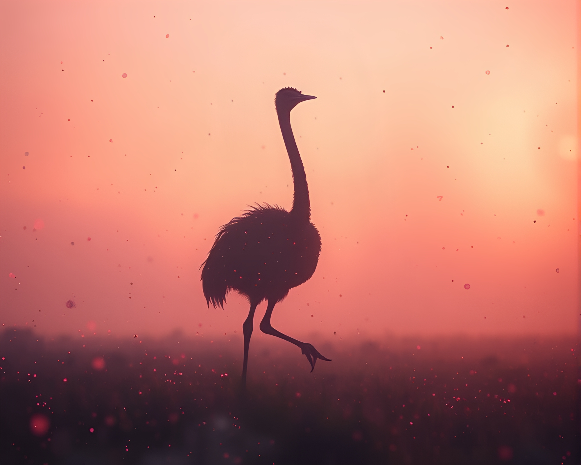 Dystopian Ostrich Amidst Floating Particles – free AI stock image