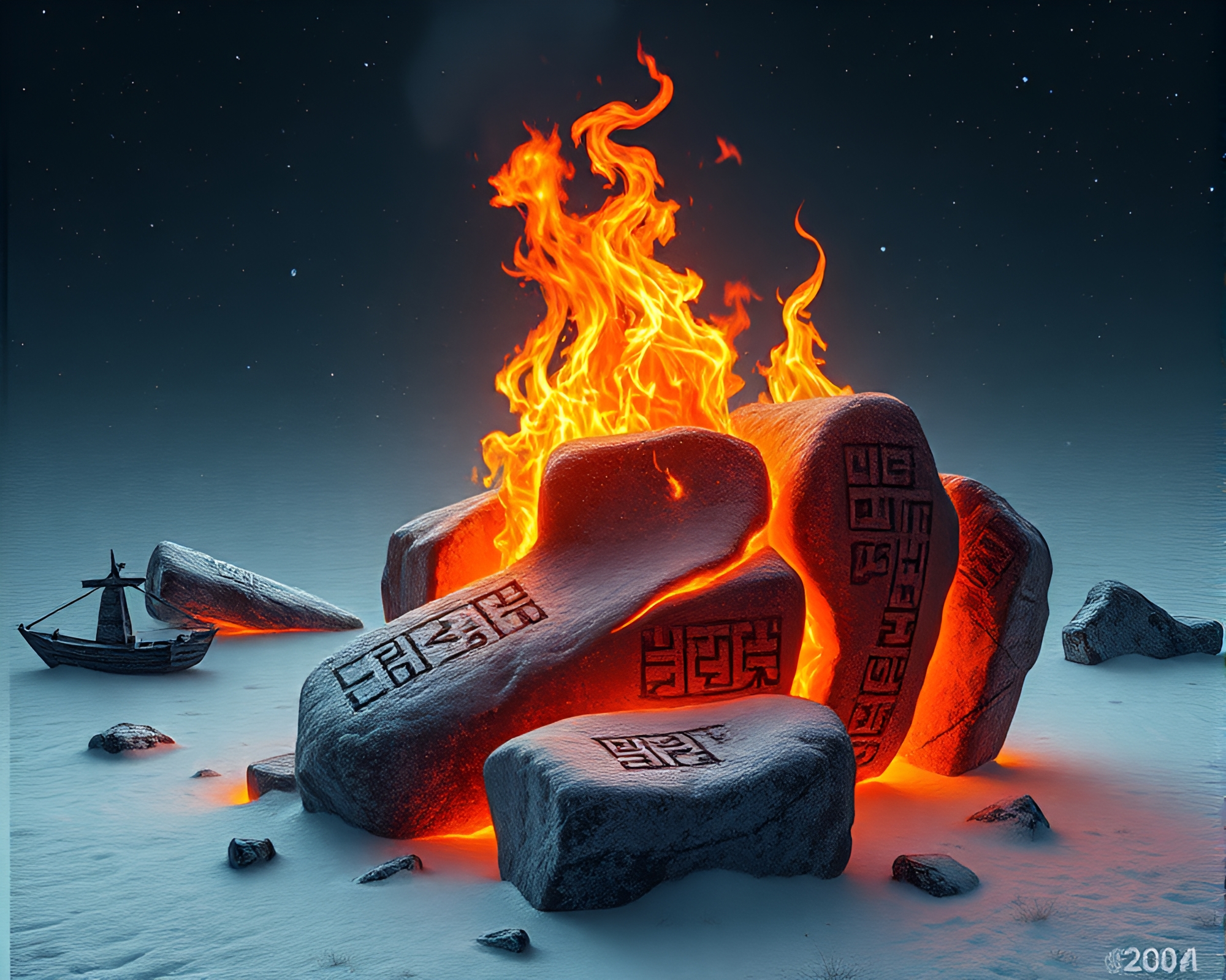 Runic Embers Dancing in Antarctic Whiteout Engraving – free AI stock image