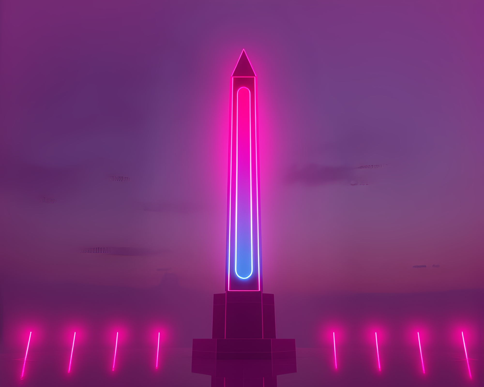 Neon Obelisk in Sunrise Pink Glow – free AI stock image
