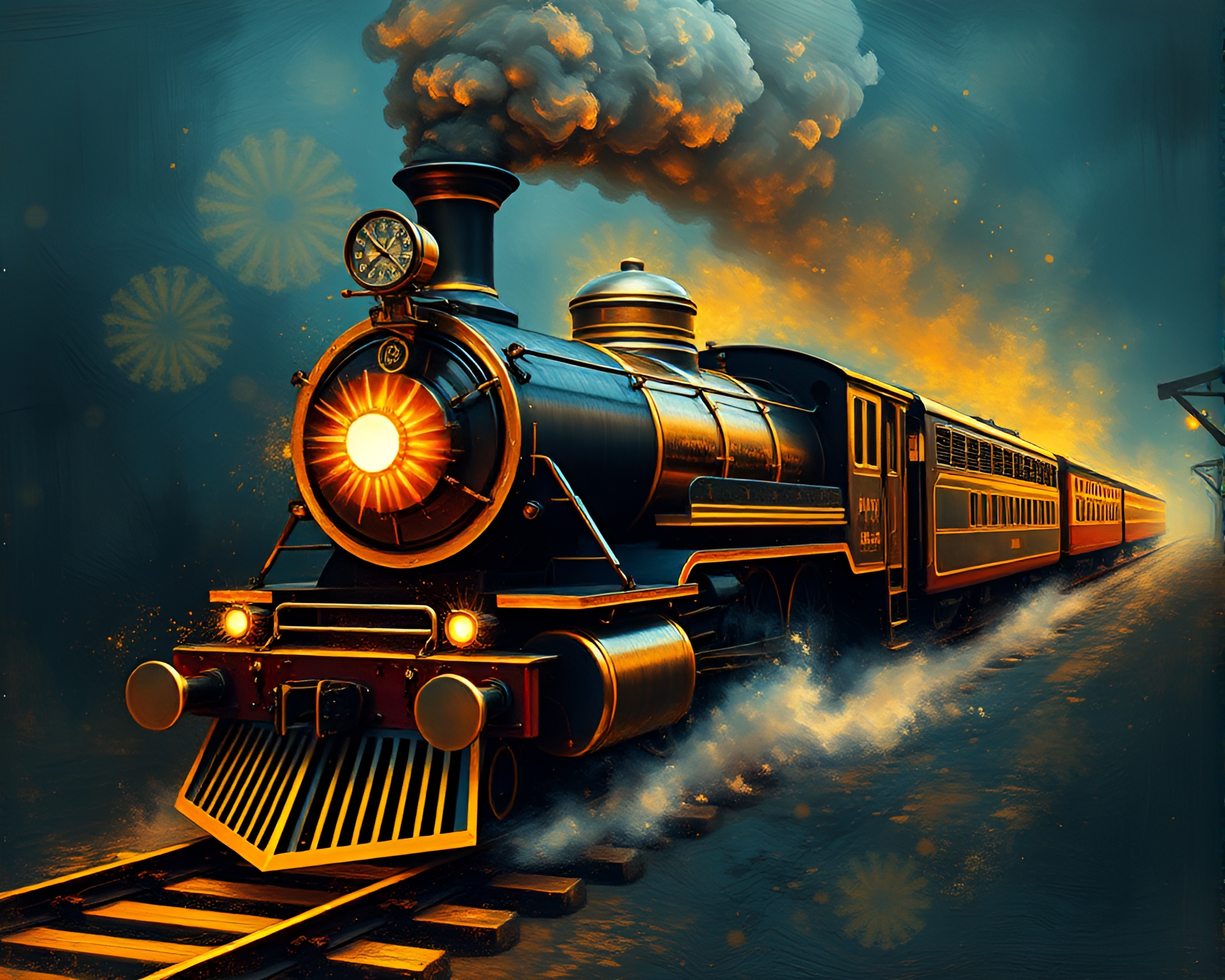 Glimmering Steam Locomotive in Golden Spiral Light Painting – free AI stock image