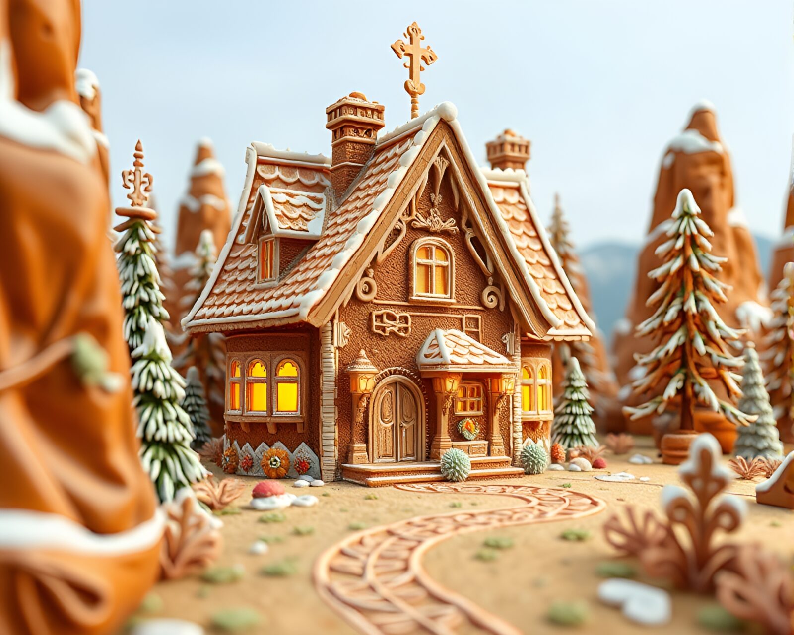 Engraved details on gingerbread house with rust canyon tones