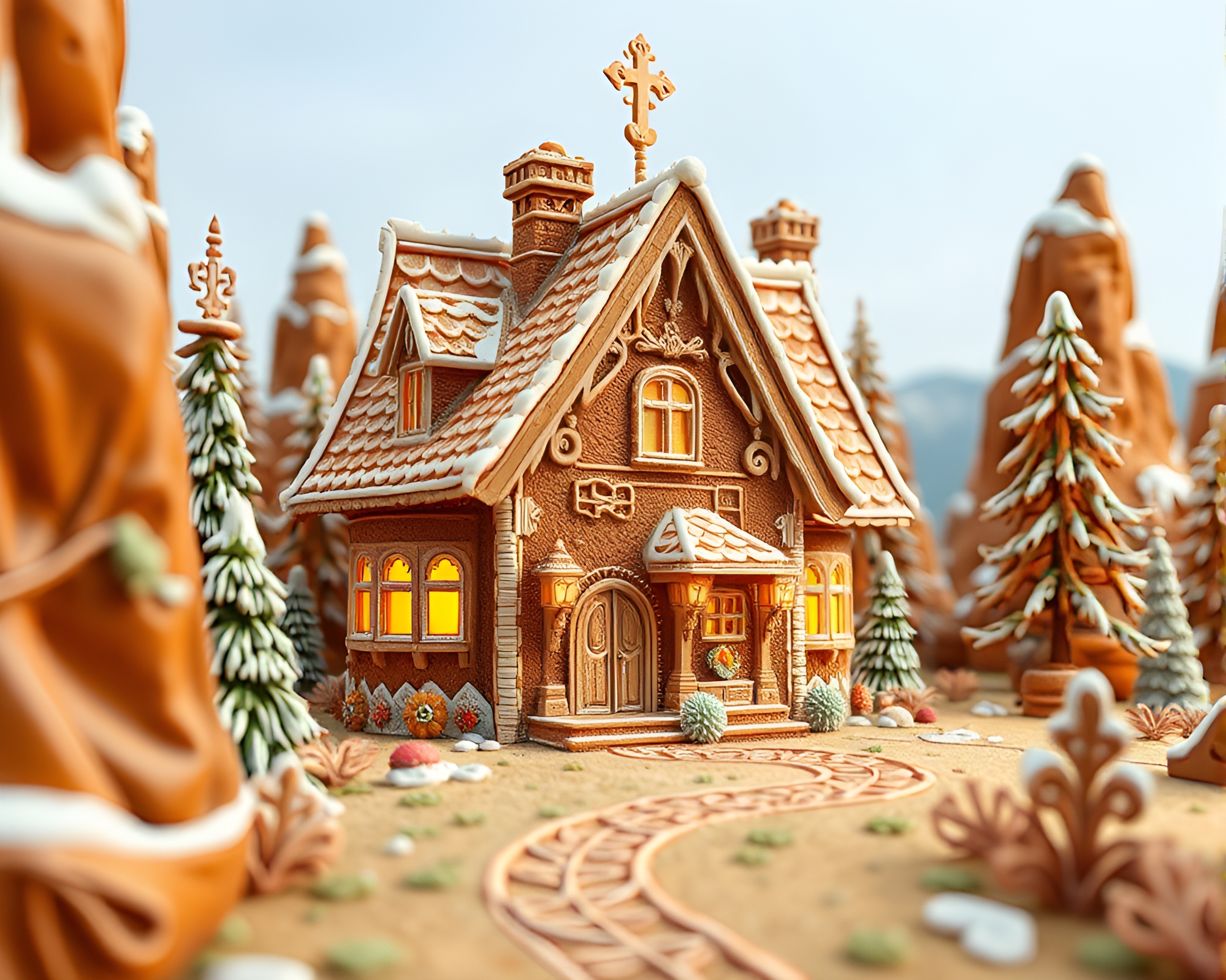 Gingerbread House Engraved Canyon Rust Path Tracing Illustration – free AI stock image