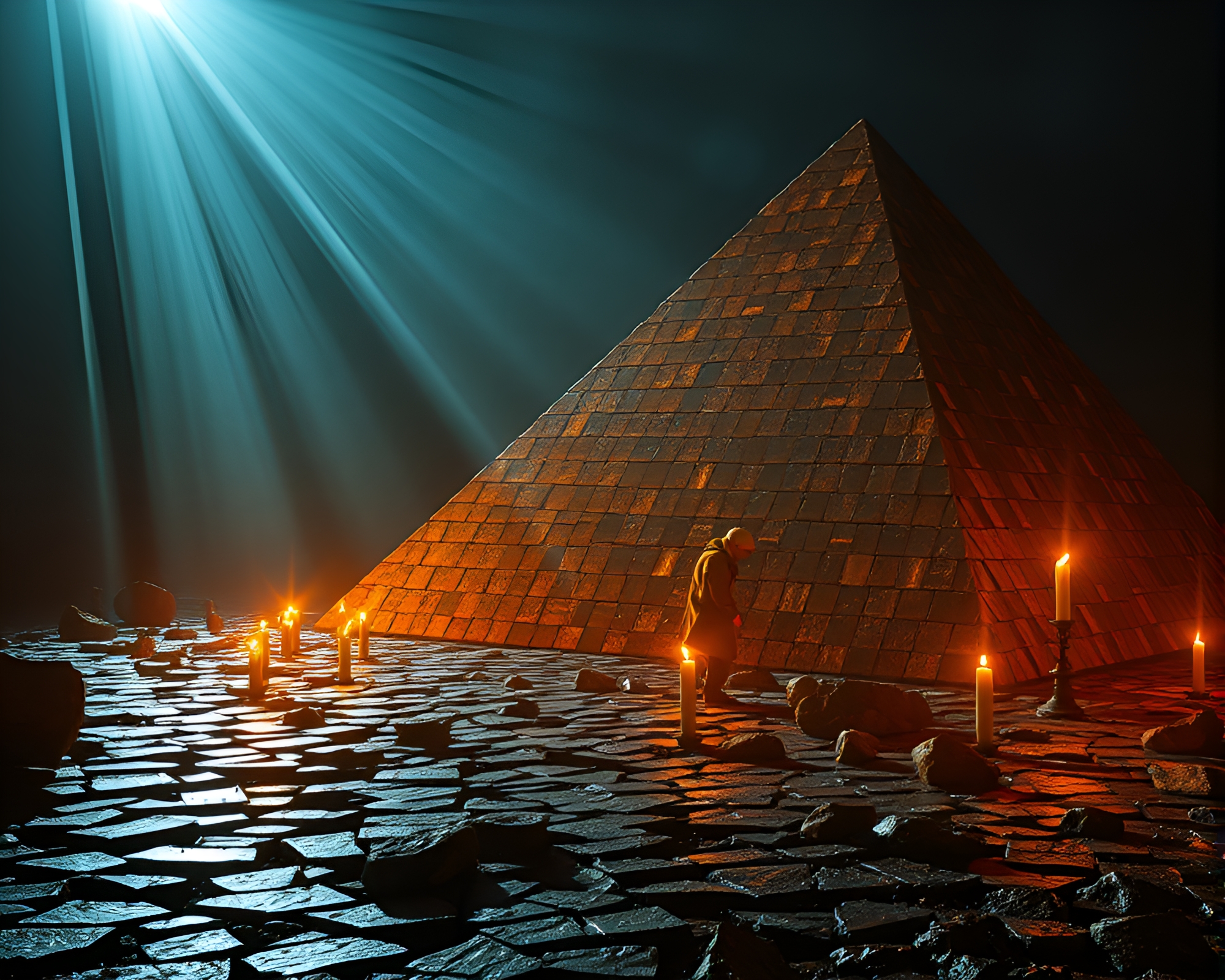 Pyramid mosaic in candlelit glow – free AI stock image