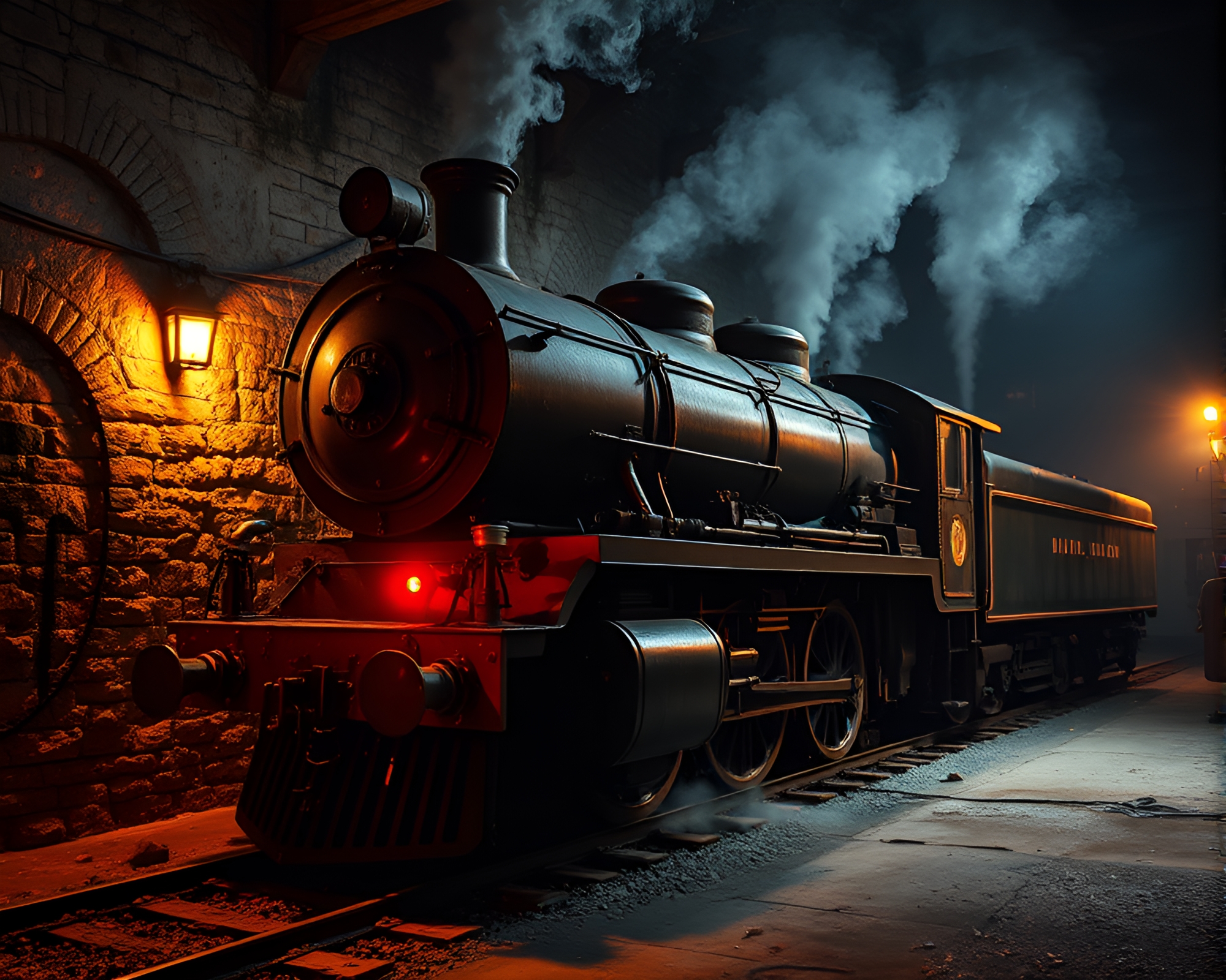 Graffiti Steam Locomotive in Dungeon Torchlight Studio Shot – free AI stock image