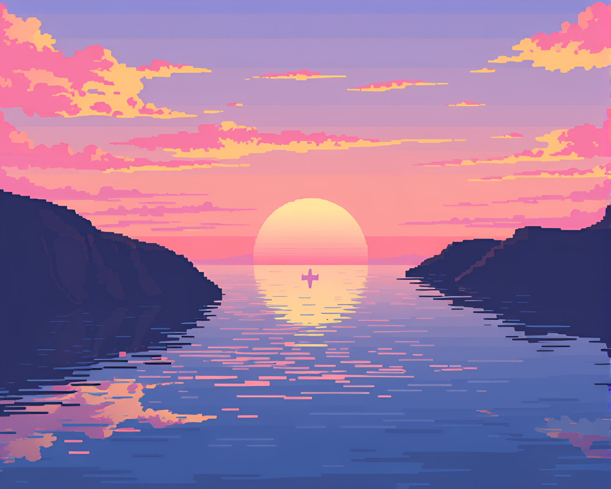 Sunrise Reflections: 8-Bit Sea Plane Adventure – free AI stock image