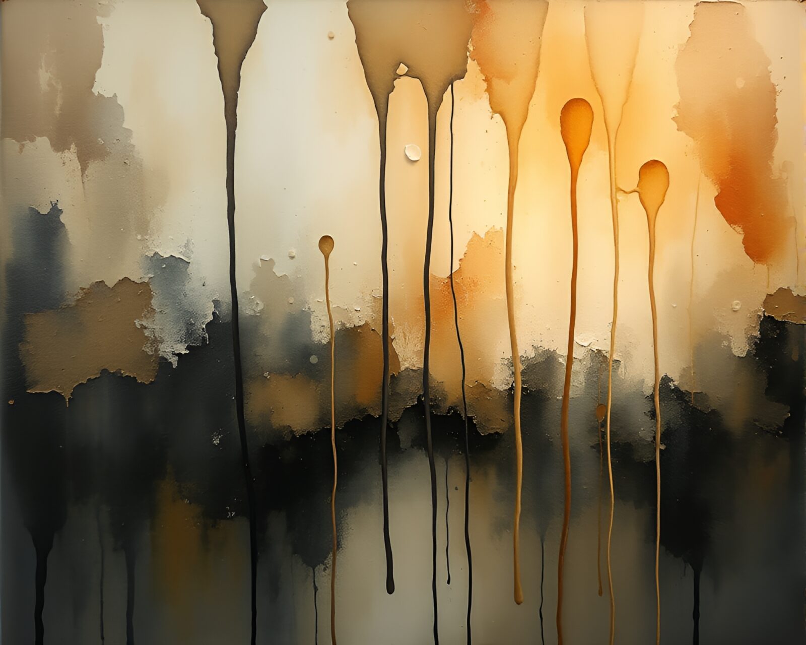 Muted earth tones with rim lighting, blending ink wash drips