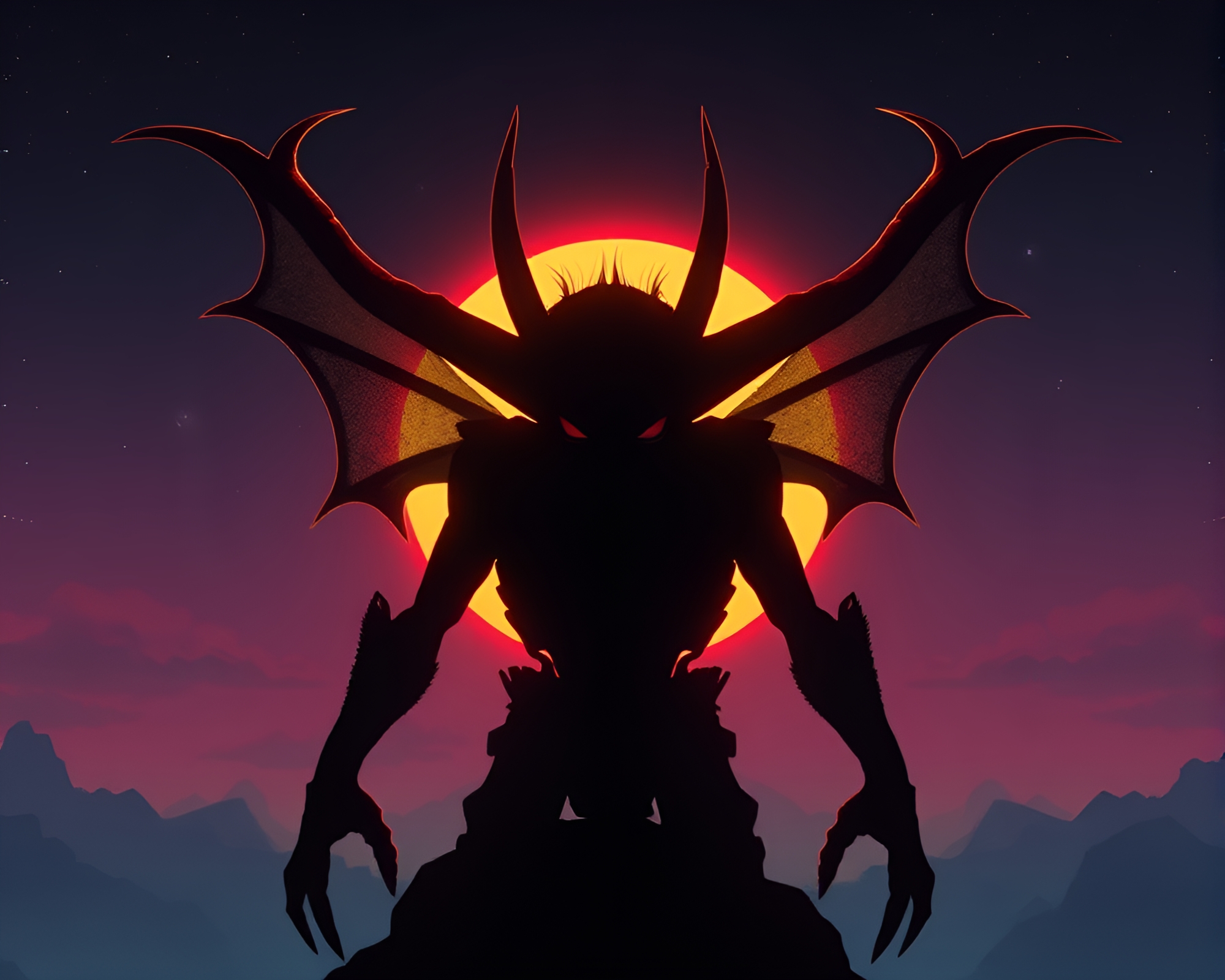 Goblin Eclipse Shadow in Synthwave Natural Frame – free AI stock image