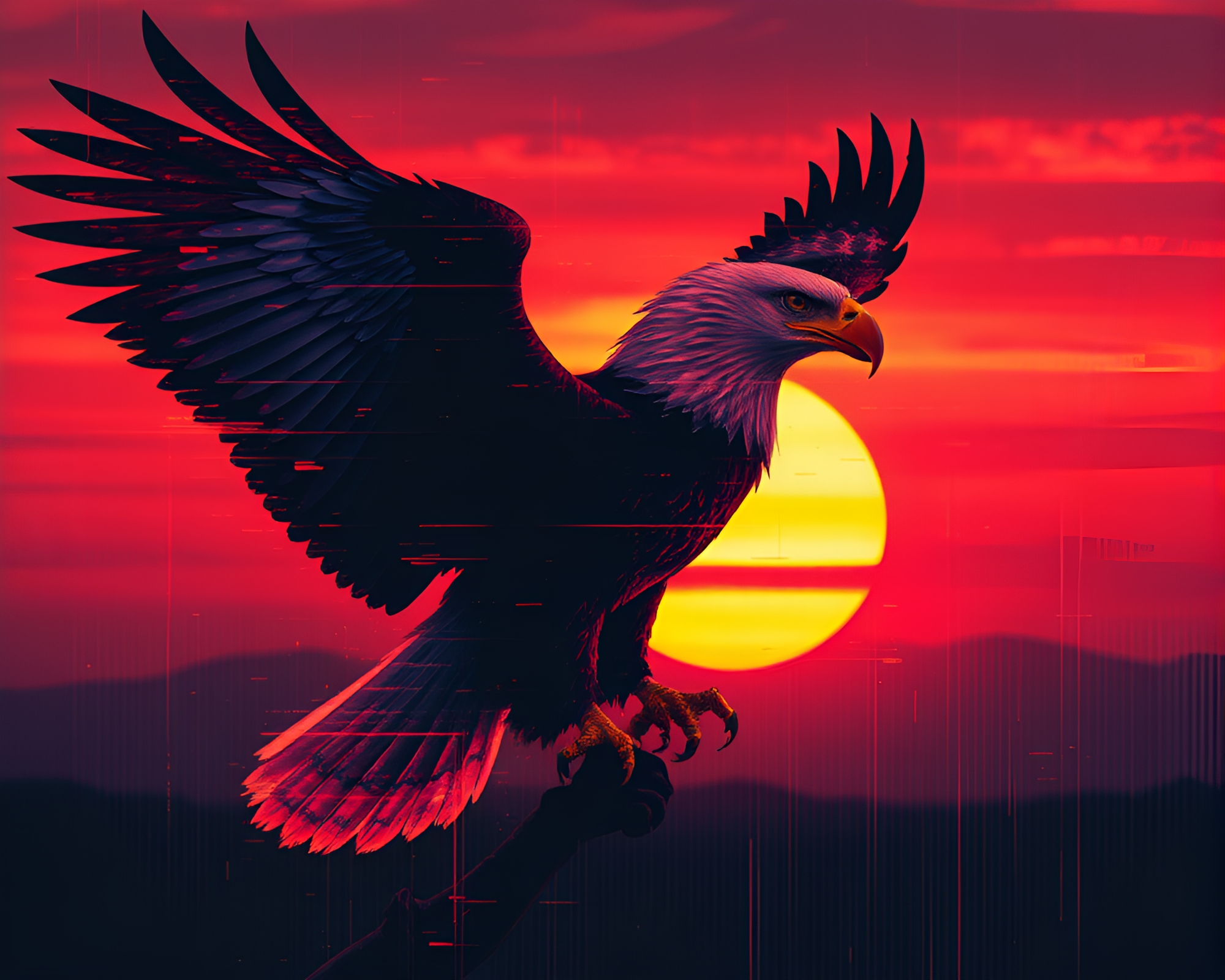 Glitched Sunset Eagle Fashion Illustration Artwork – free AI stock image