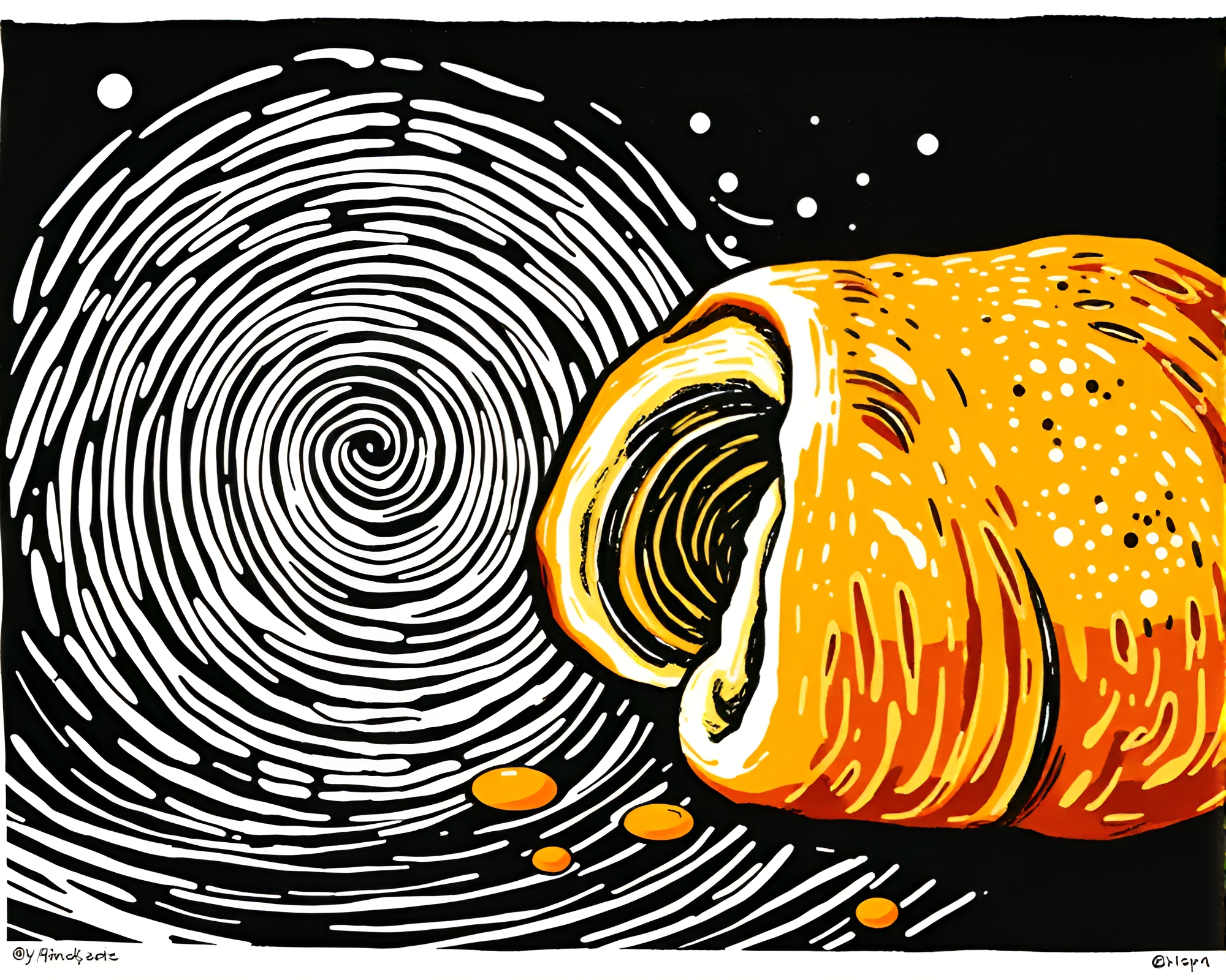 Intricate Fingerprint Croissant Fusion Linocut Artwork – free AI stock image