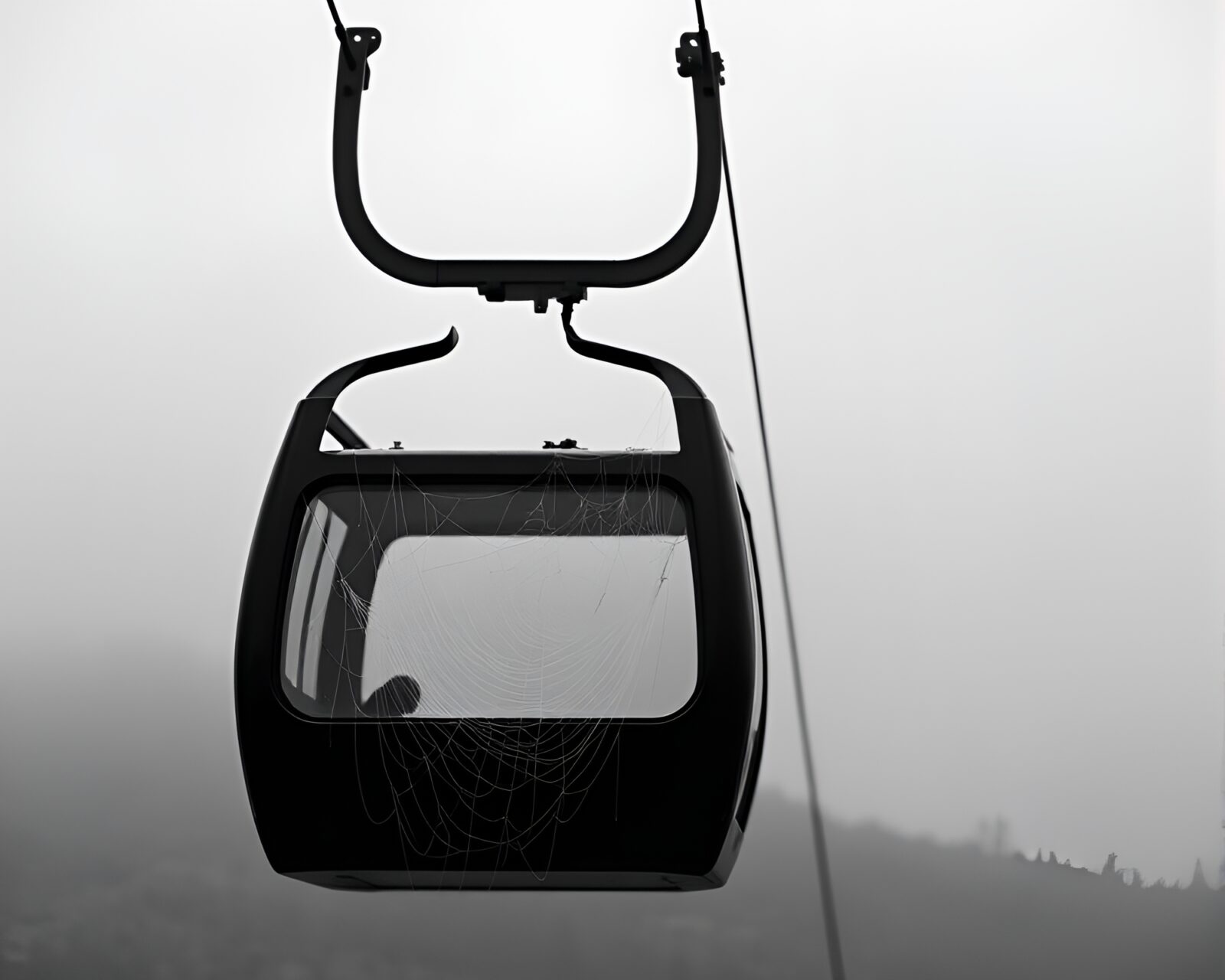 Black and white scene of cable car in intricate cobweb strands