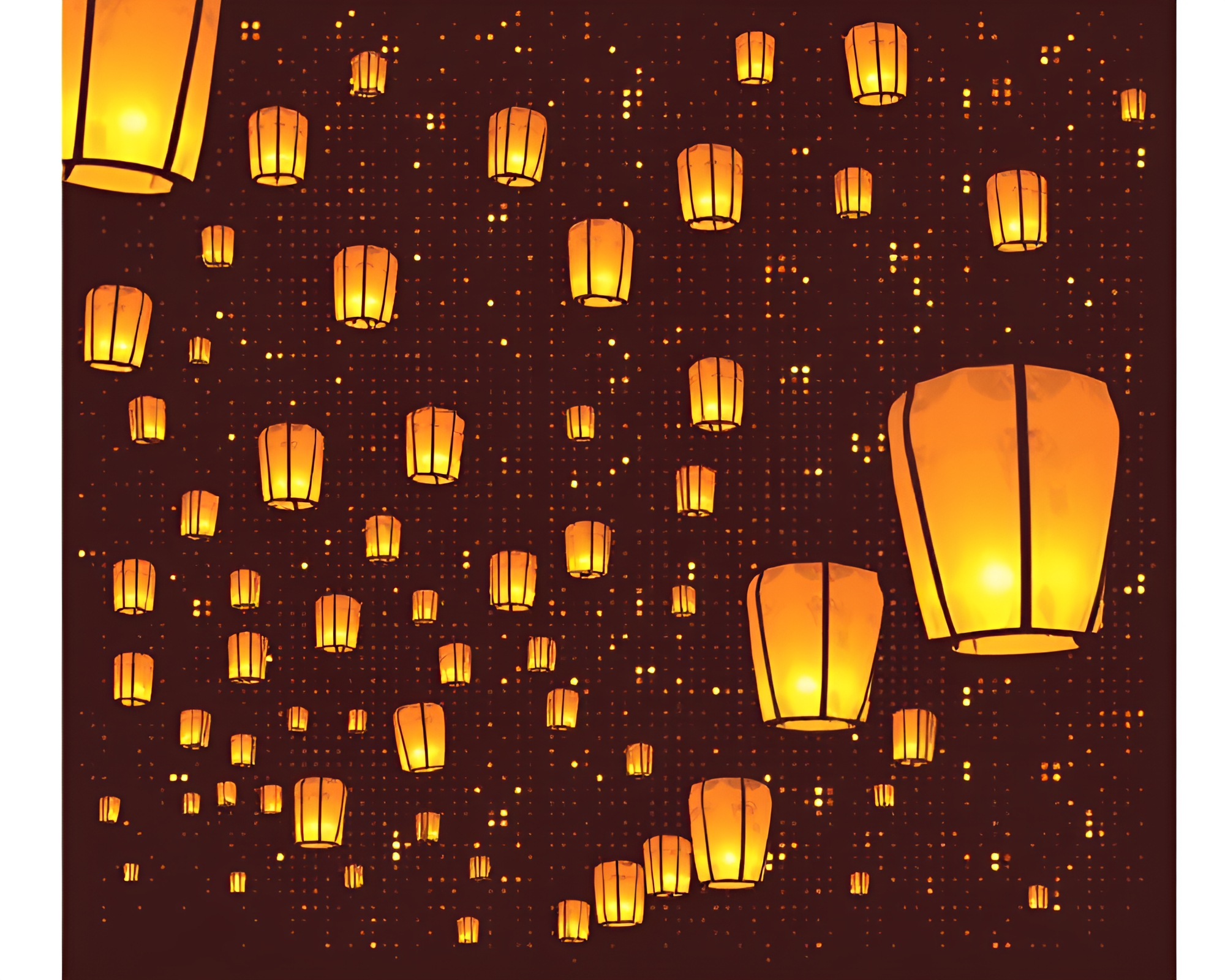 LED Floating Lanterns Illuminate Sepia Stencil Art Grid – free AI stock image