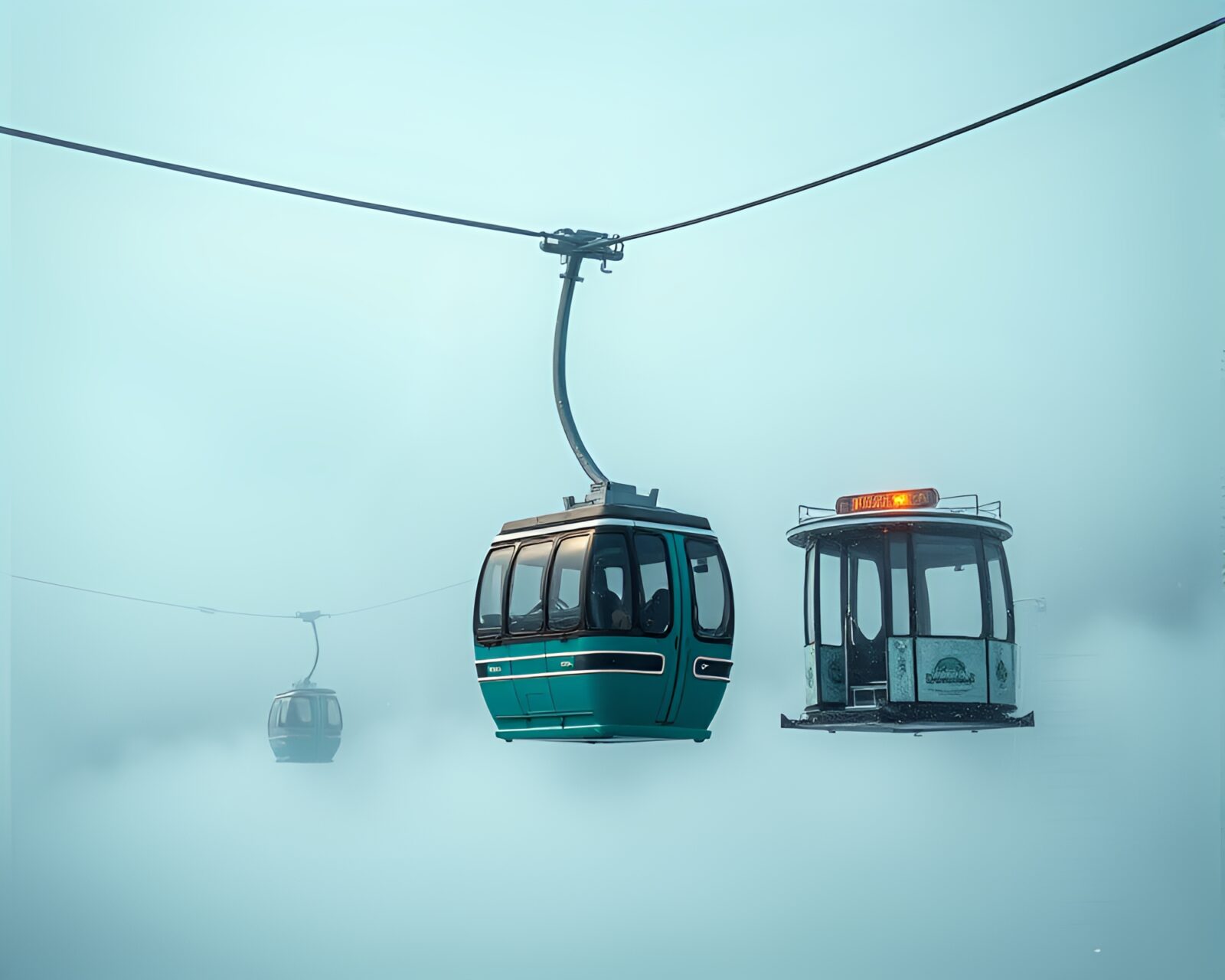 Steam vapor drifting around gondola lift in comic style