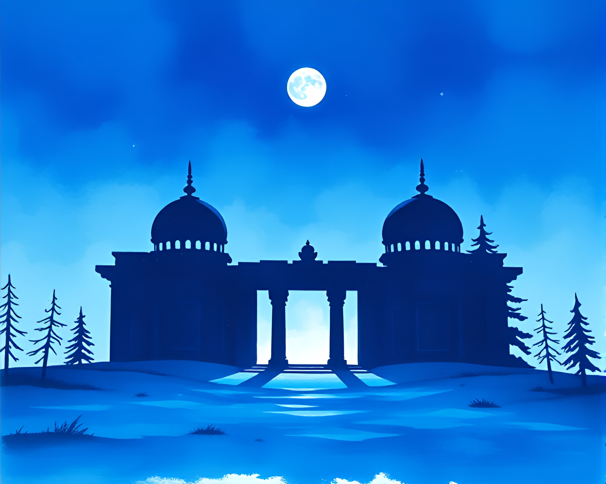 Silhouette of Temple in Arctic Blue Gouache Painting – free AI stock image