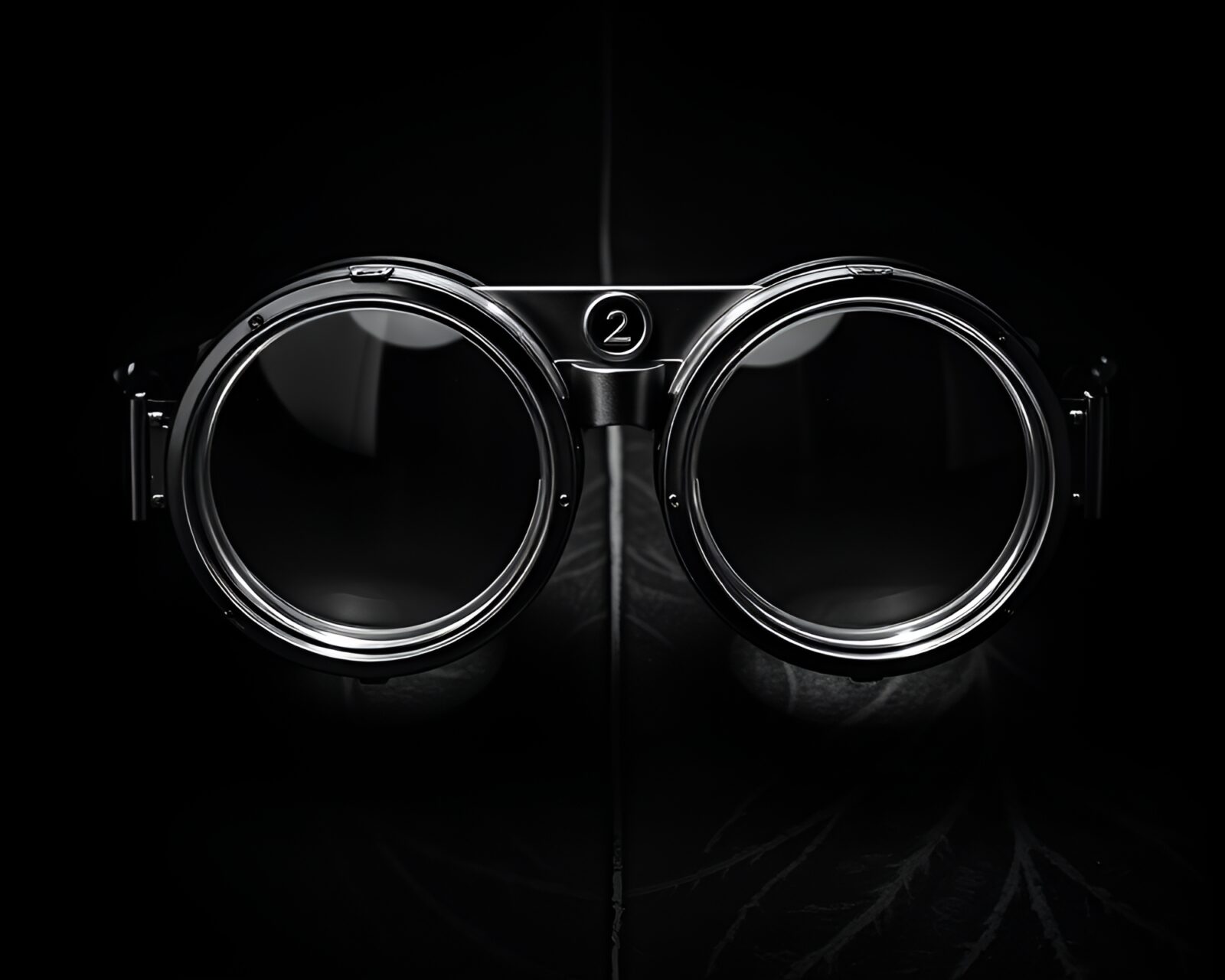 Monochrome image of steampunk-themed goggles with intricate leaf vein pattern under rim lighting