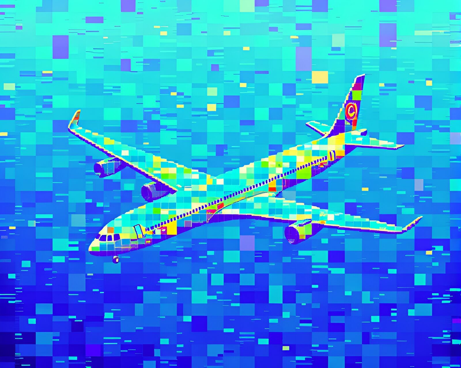 Vibrant airplane mosaic tiling with digital glitch effects.