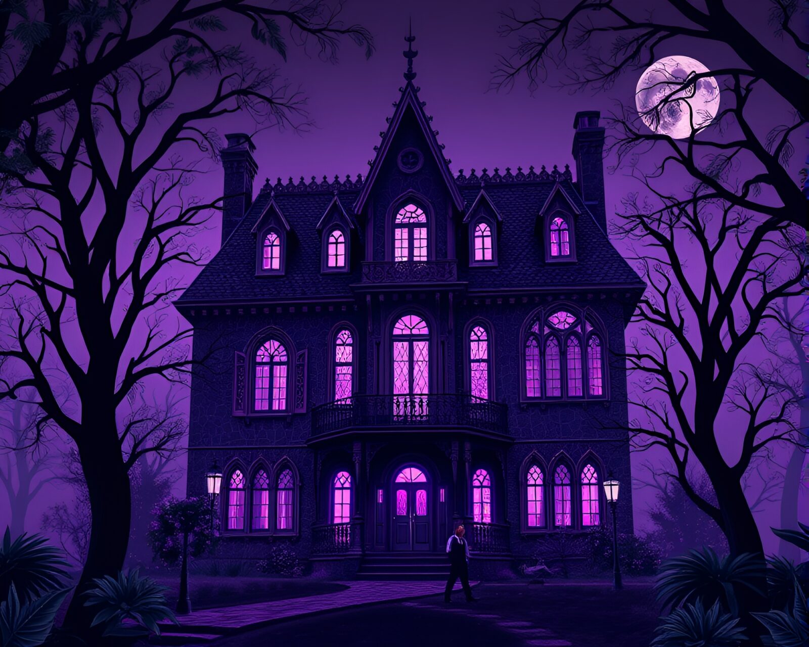 Interior of a mansion with glowing purple light and intricate leaf designs