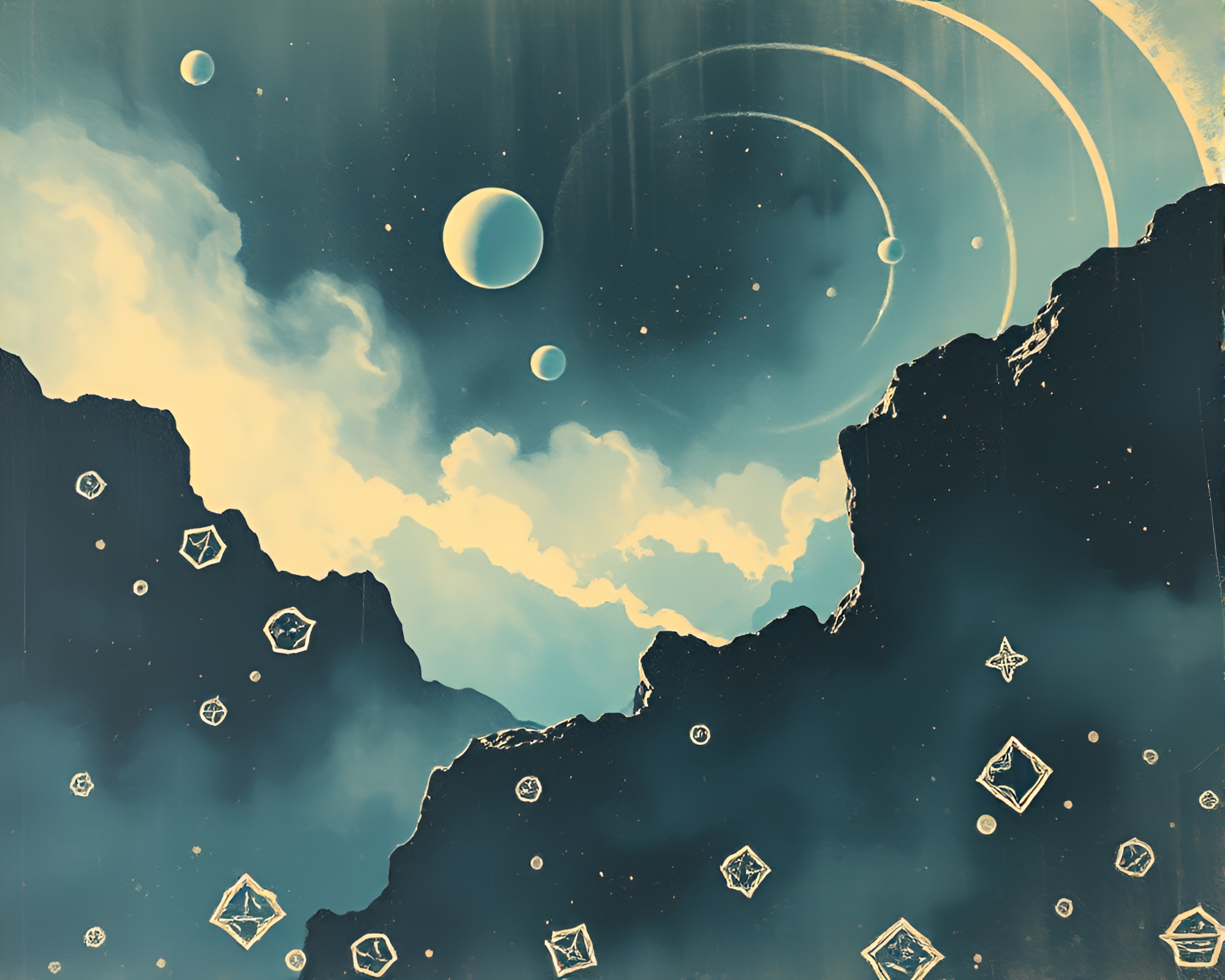 Cosmic Action: Space Habitat Linocut Textures – free AI stock image