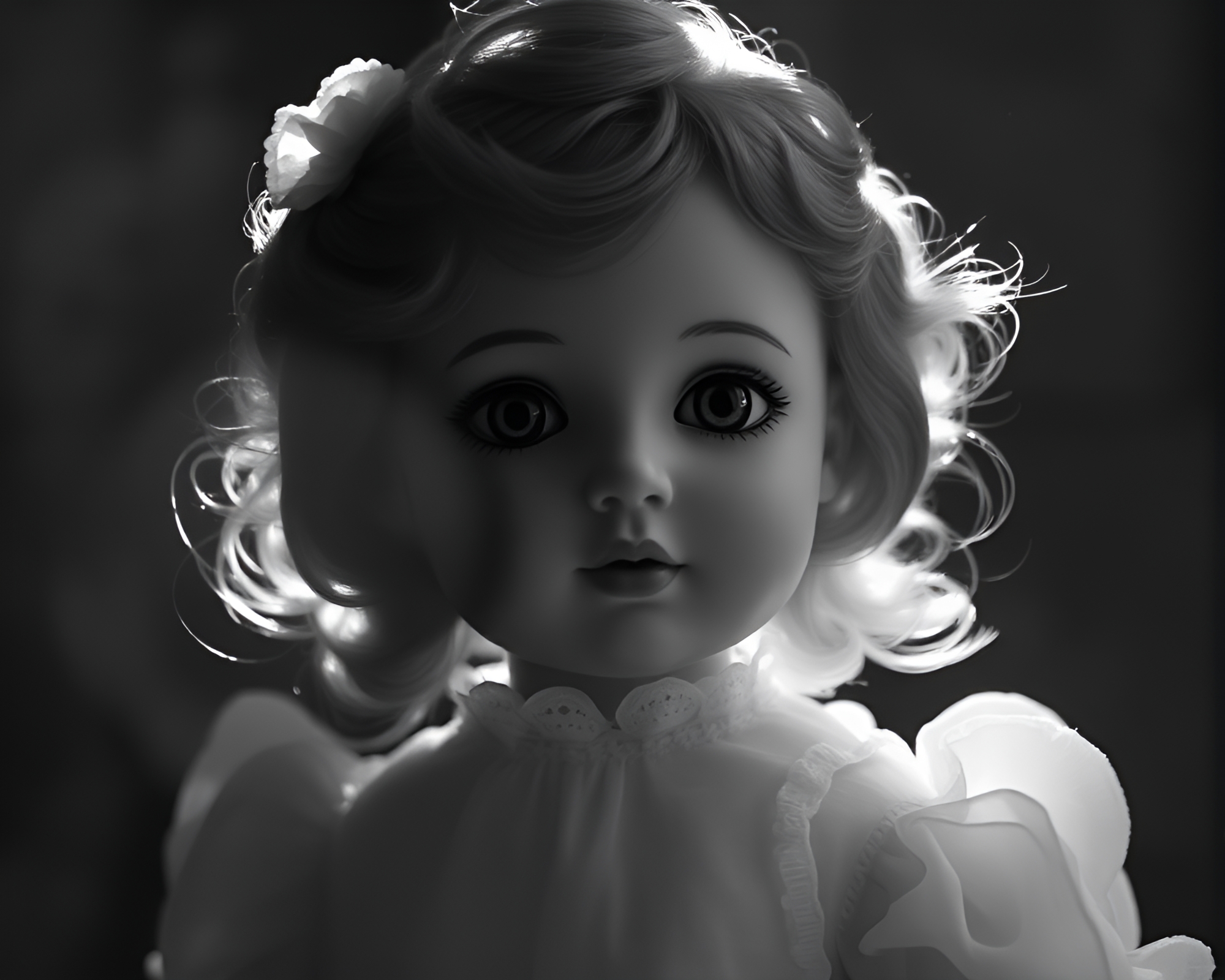 Ethereal Porcelain Doll in Monochrome Smoky Sunlight – free AI stock image