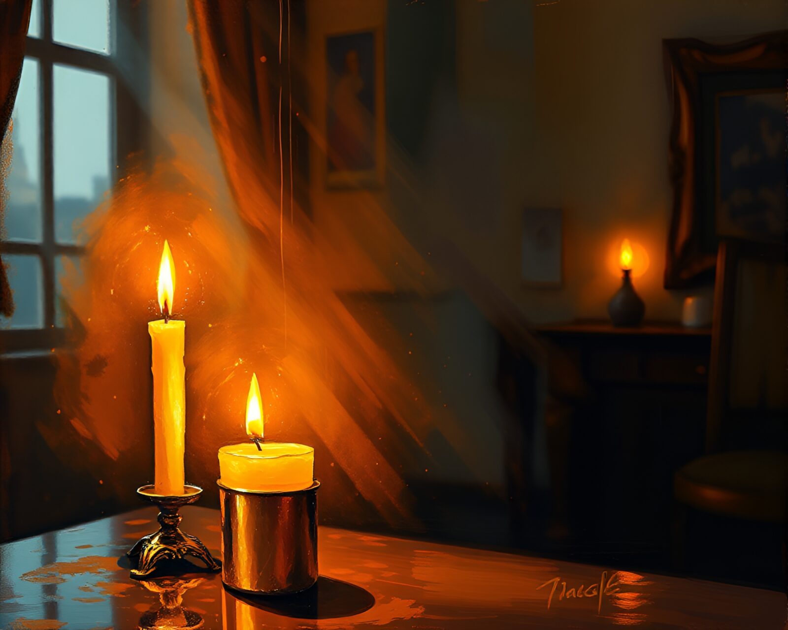 Magical forest scene with golden highlights under candlelight