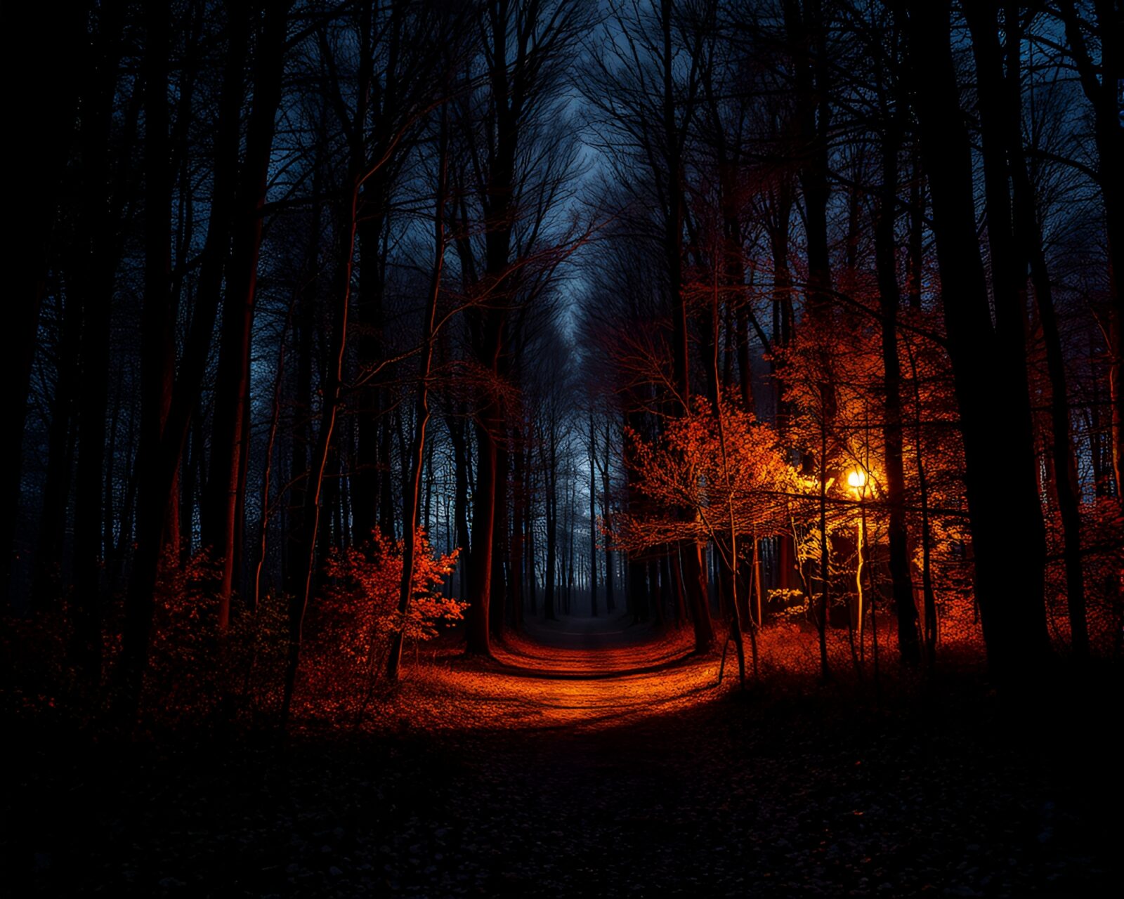 Dark forest scene at twilight with textured scratch details