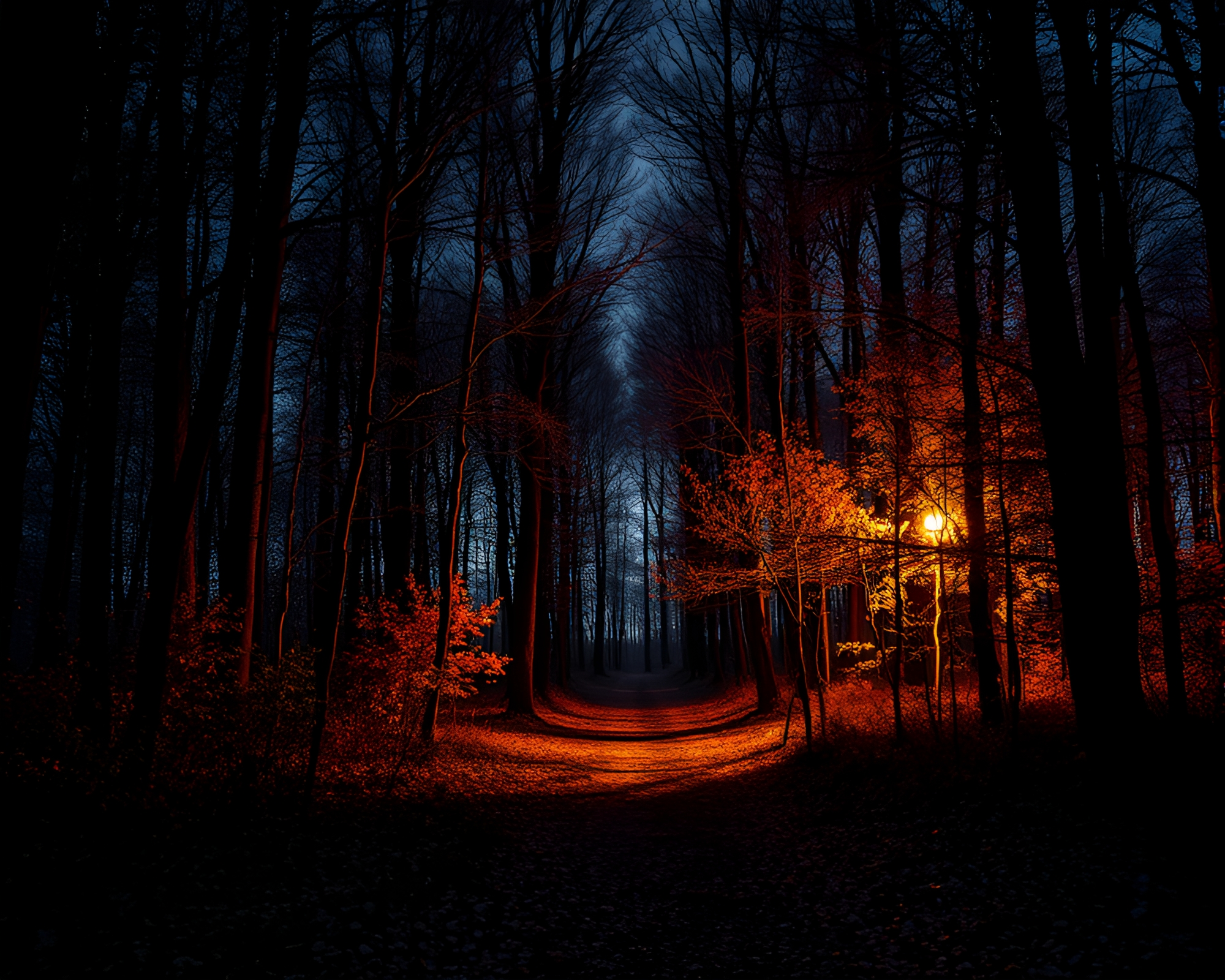 Autumn Forest Twilight: Chiaroscuro Composition – free AI stock image