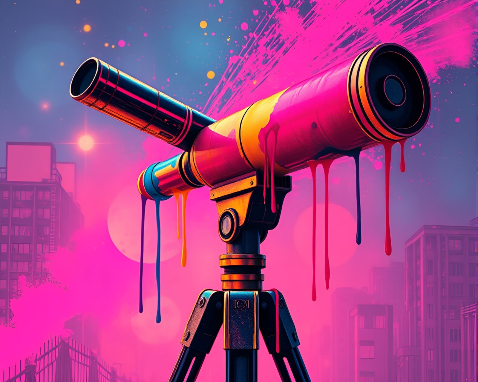 Colorful futuristic illustration of vintage telescope with neon drips