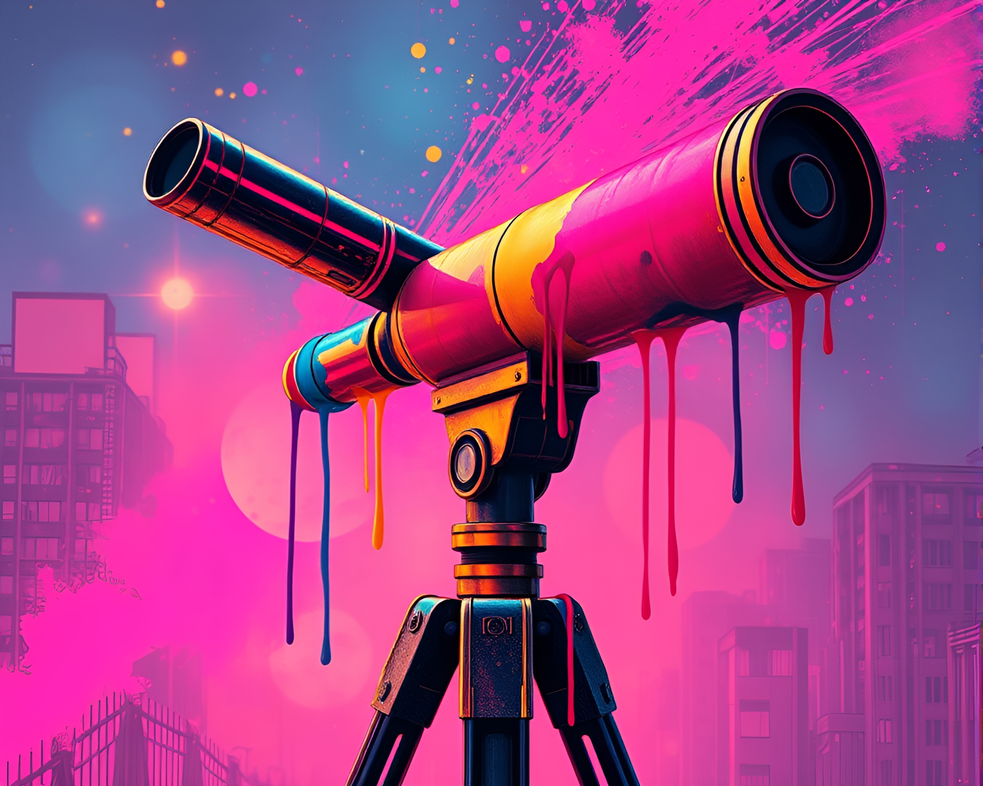 Vintage Telescope with Neon Spray Paint Drips – free AI stock image