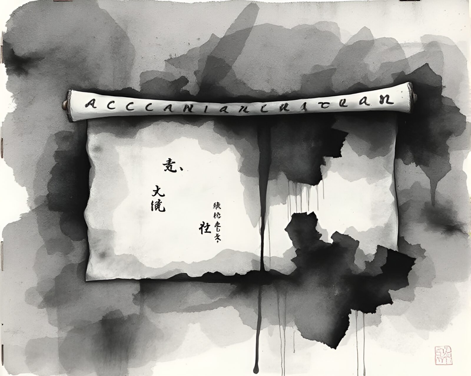 Mystical ancient scroll revealed in double exposure watercolor
