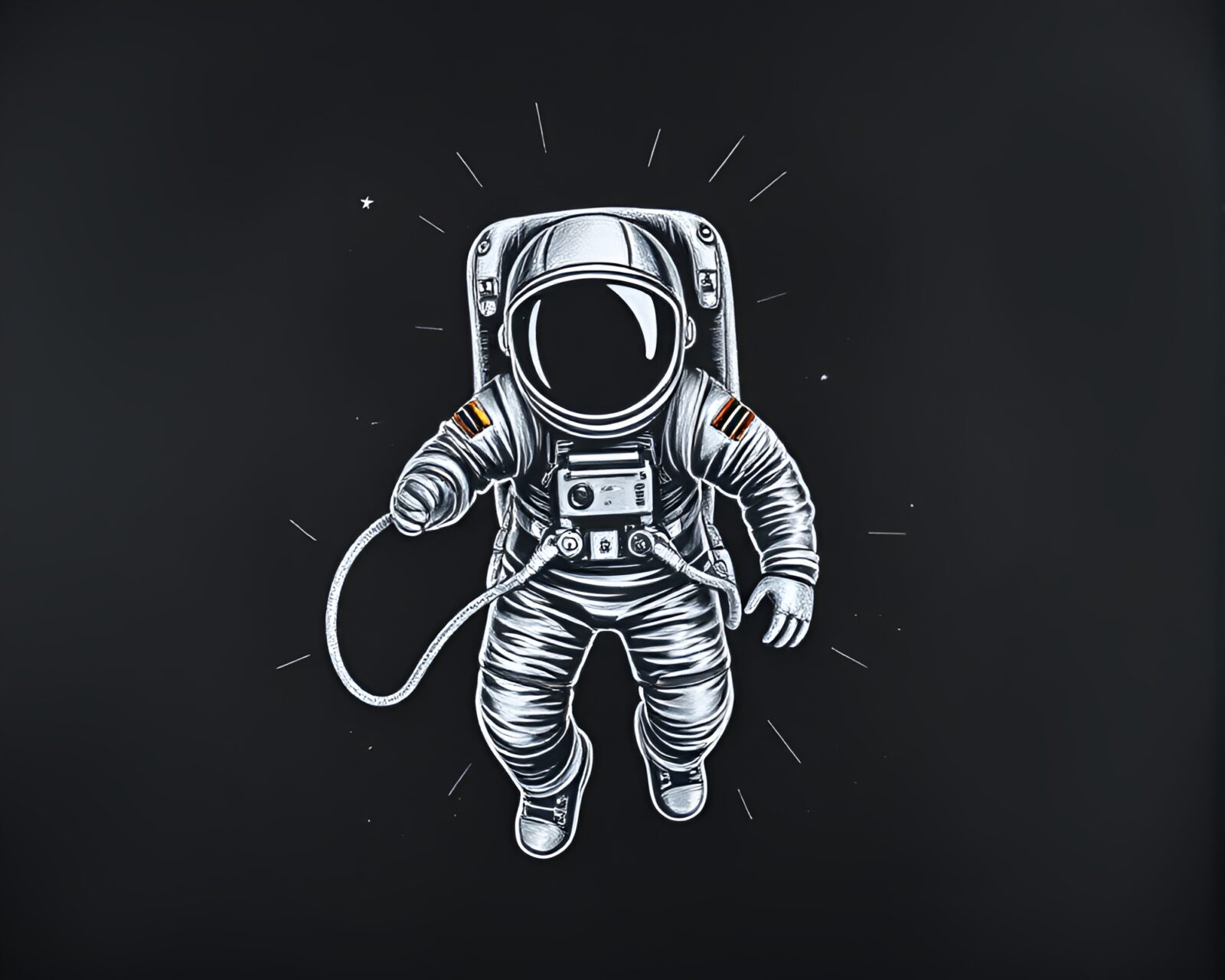 Chalkboard drawing of an astronaut amidst light streaks and silver leaf details
