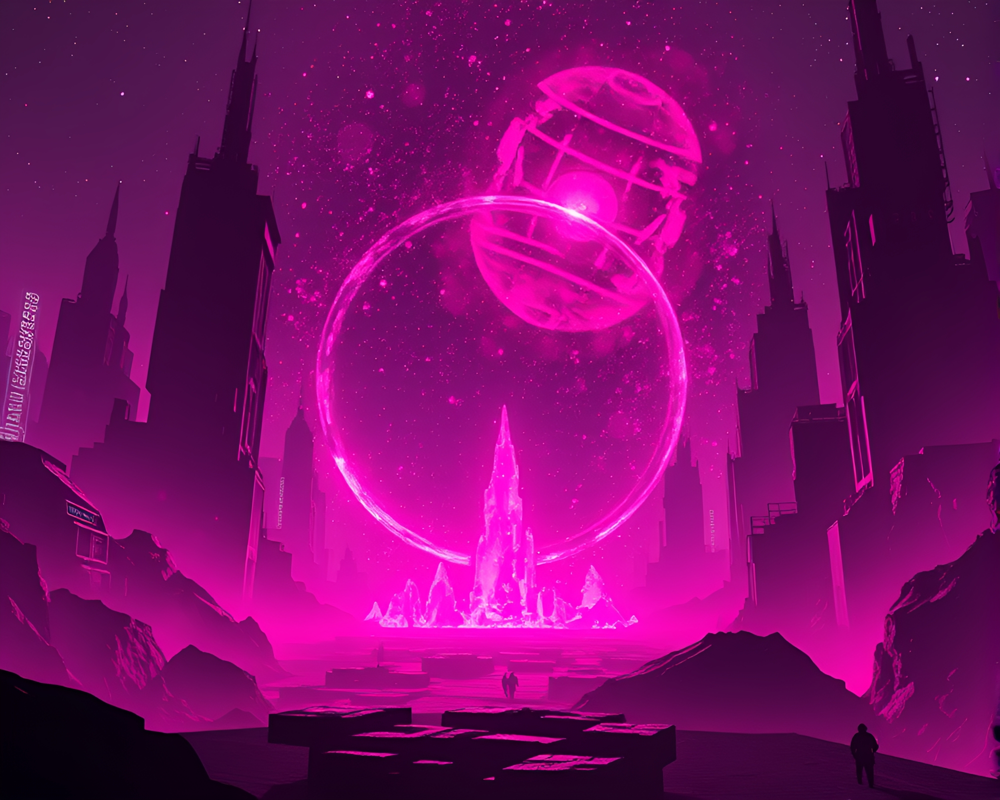 Dystopian Multiverse Portal Silhouette in Magenta Light – free AI stock image