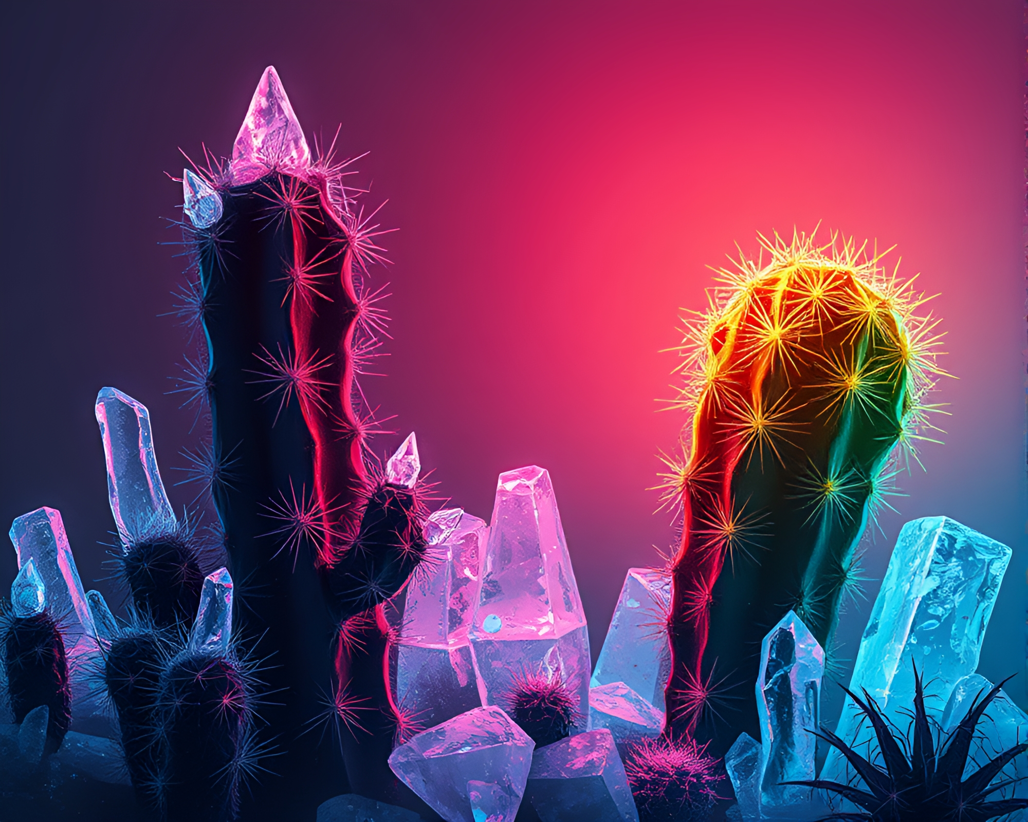 Neon Cactus in Ice Crystal Forest – free AI stock image
