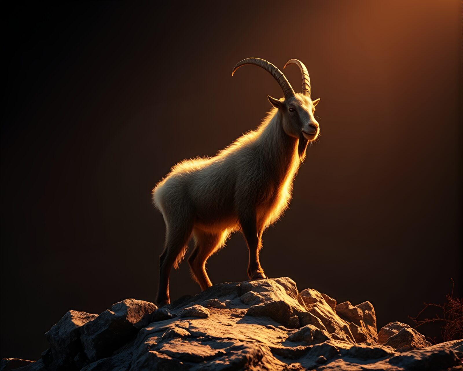 Medium shot of majestic goat with glistening coat under spotlight
