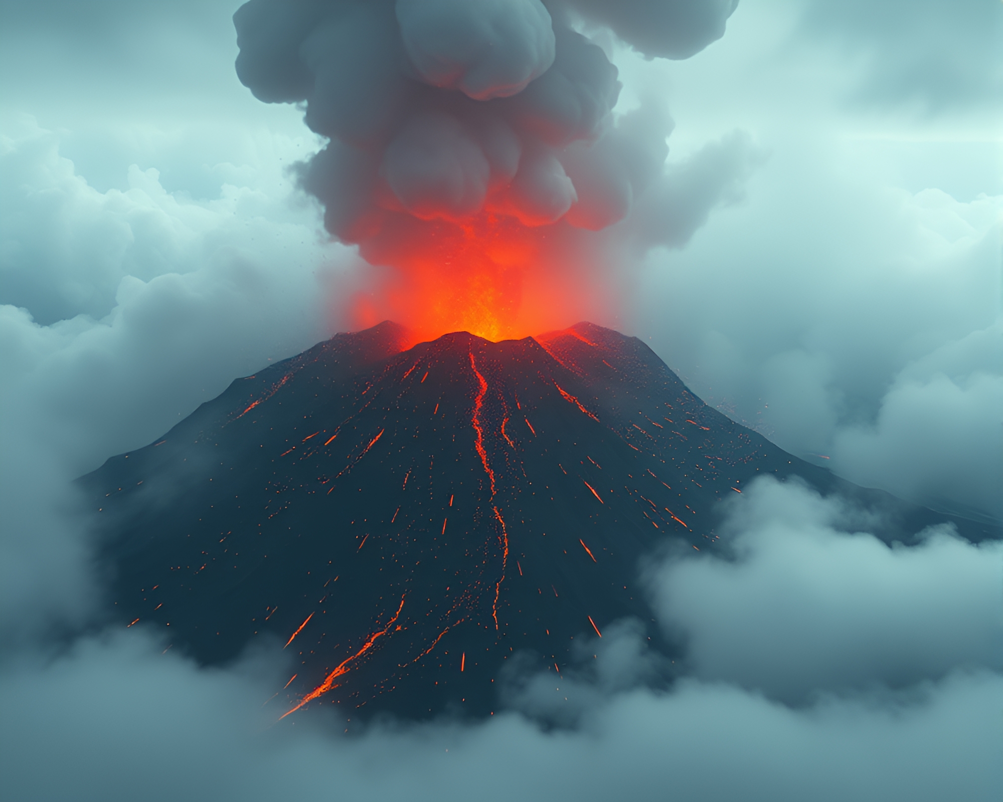 Ethereal volcanic eruption with floating particles – free AI stock image