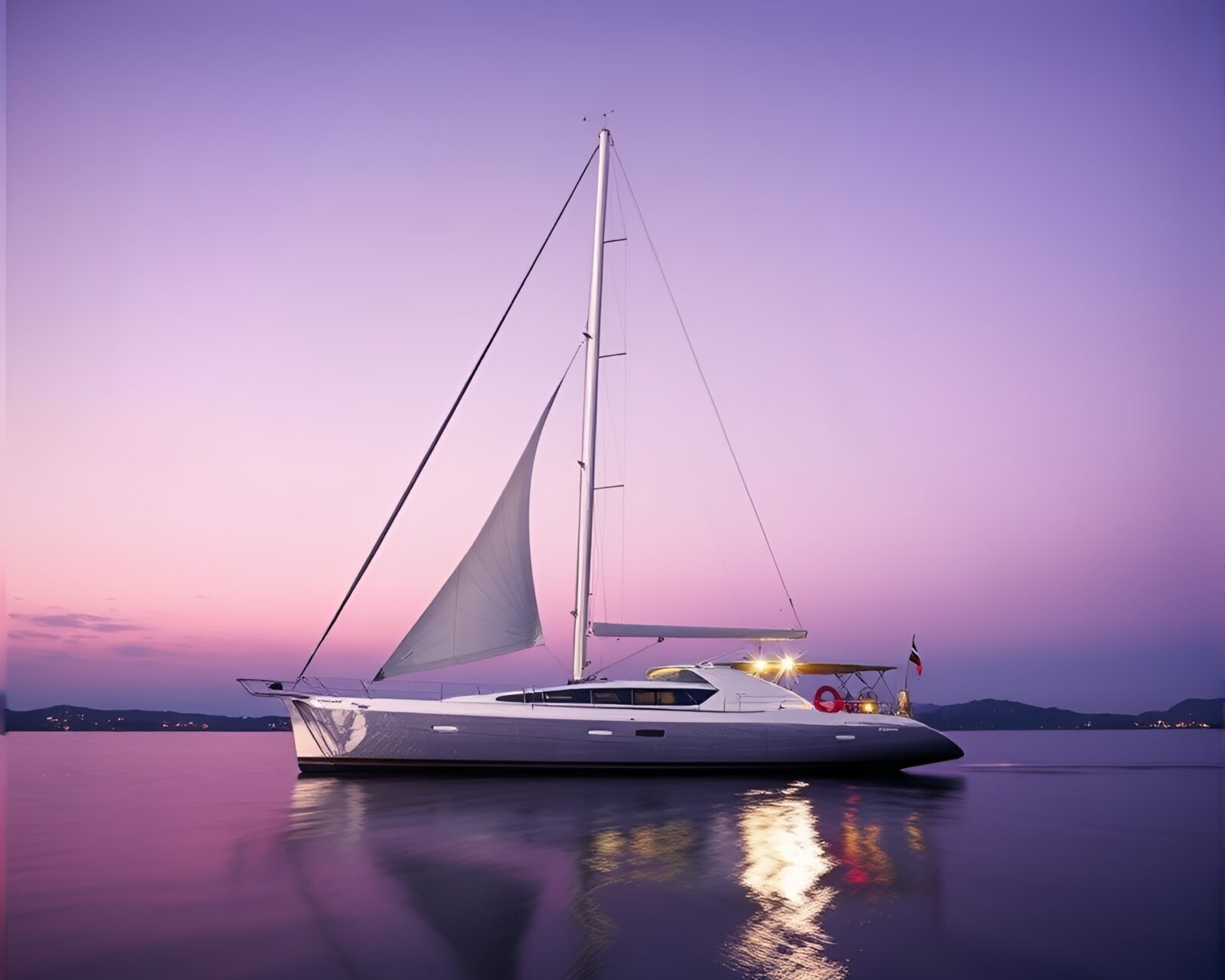 Long exposure photo of a purple-toned solar sailboat reflecting chrome